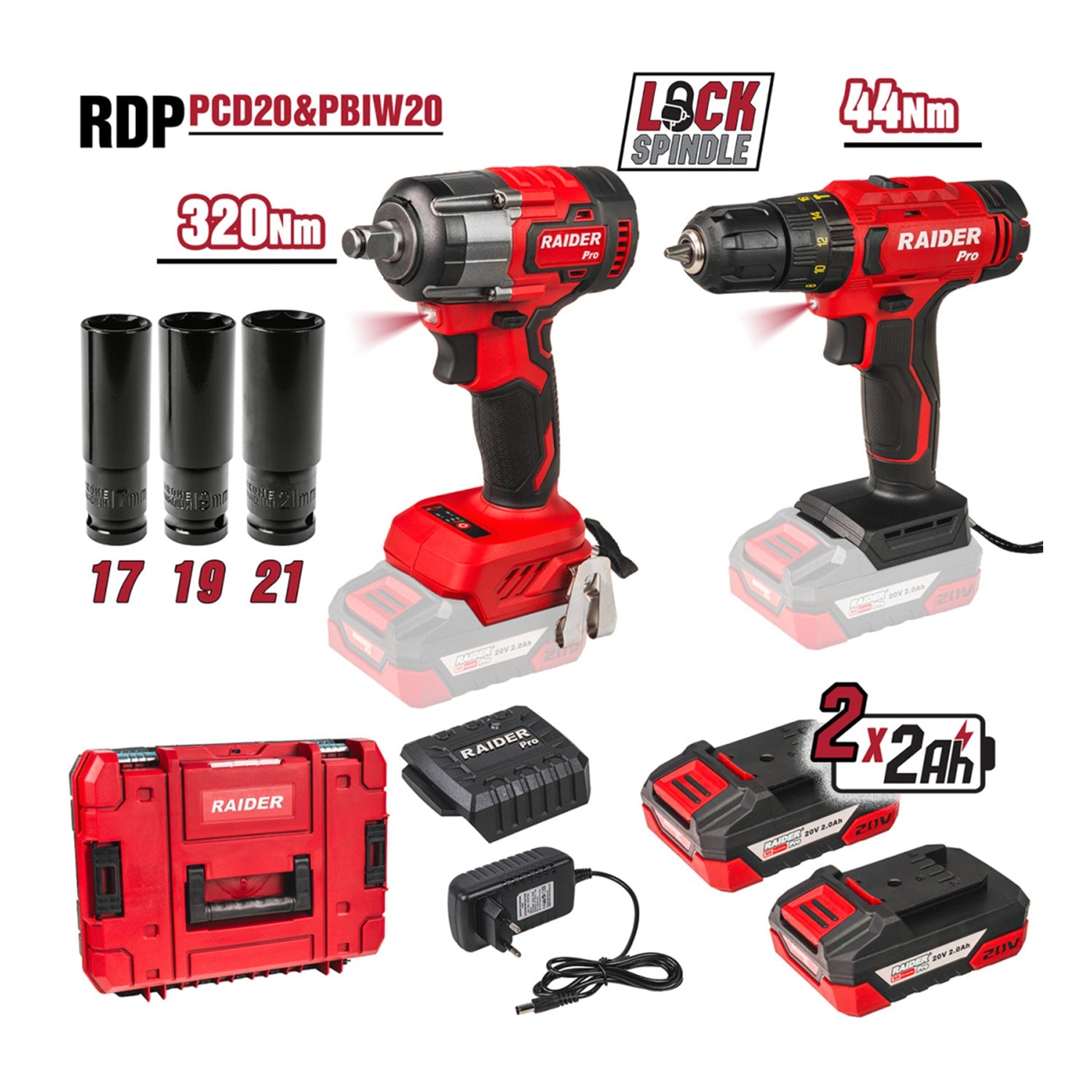 Sada: aku príklepová vŕtačka 44 Nm + rázový uťahovač 1/2", 320 Nm, 2× akumulátor 2 Ah – Raider Pro