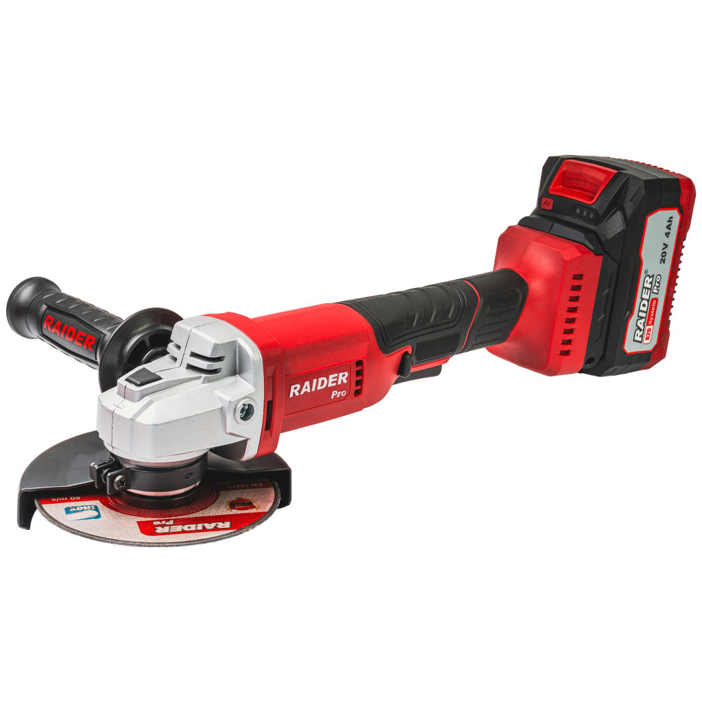 Uhlová brúska 125 mm s akumulátorom r20 4 ah, 2 rezné kotúče a plastový kufor raider pro