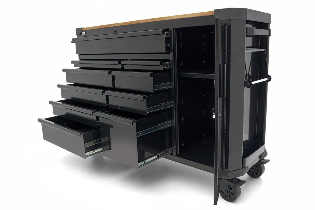 Profesionálna kovová skriňa 10 zásuviek mobilný vozík pracovný stôl 147cm, masívna drevená doska HBM holandsko