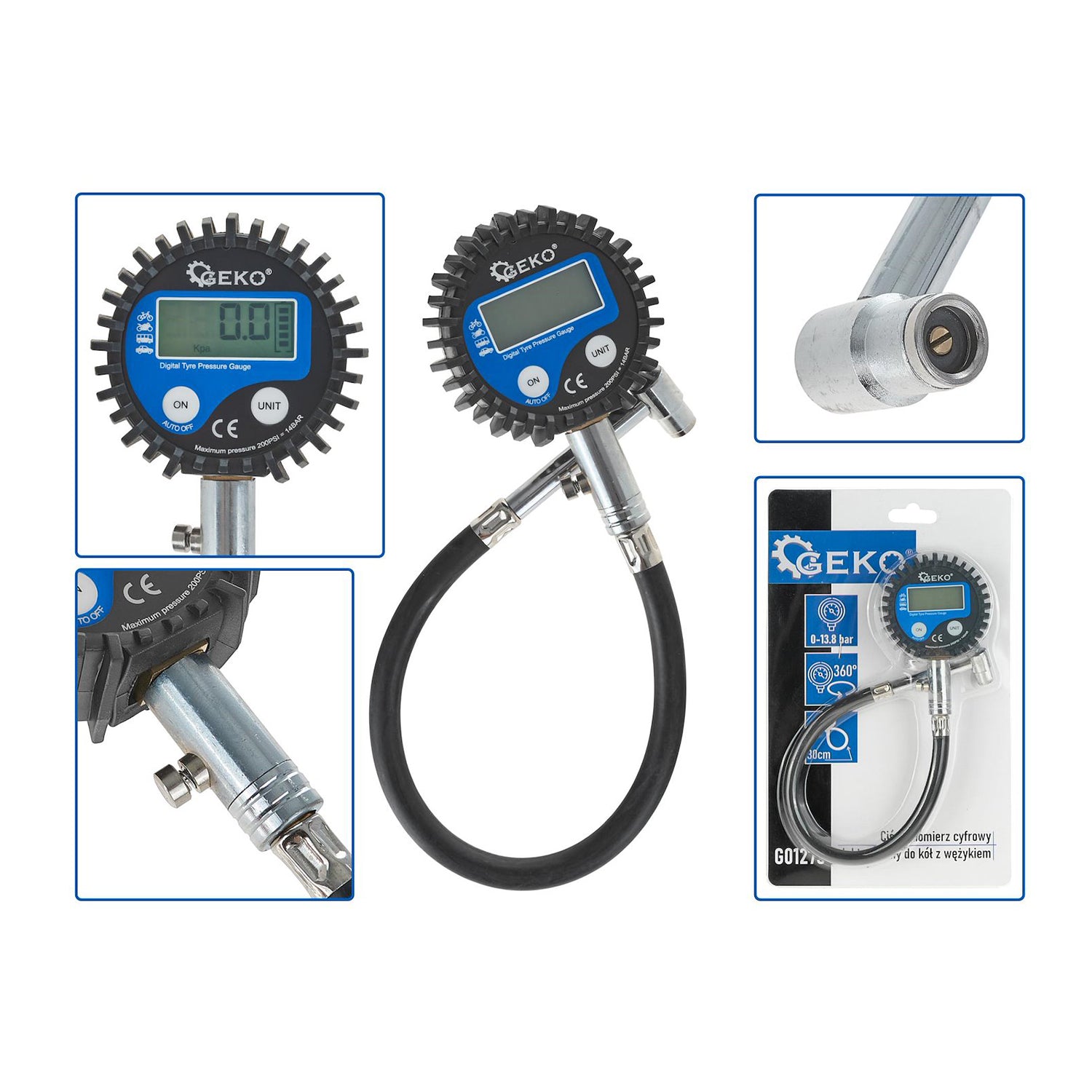 Manometer s hadicou na kontrolu tlaku pneumatík s digitálnym displejom GEKO