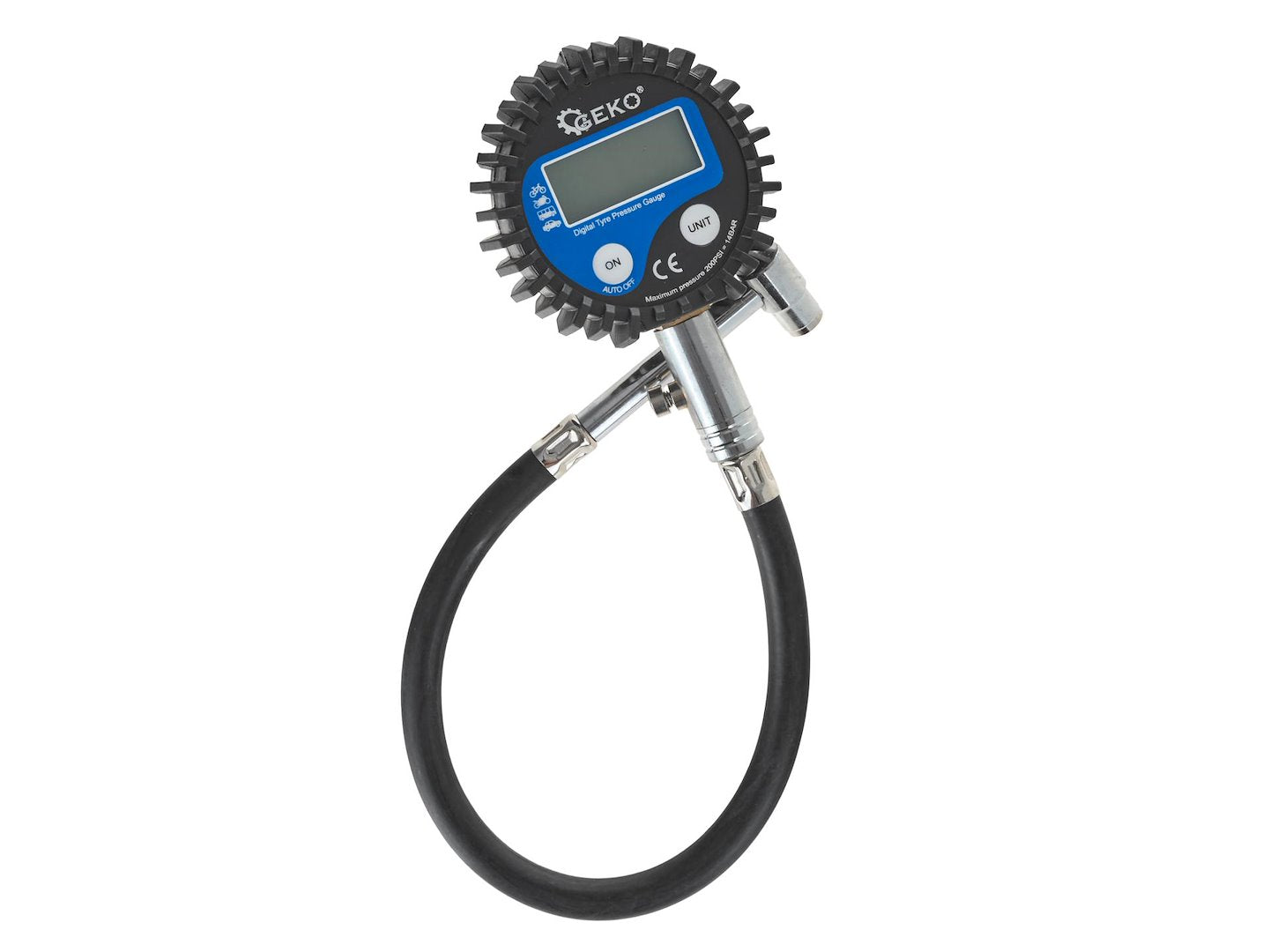 Manometer s hadicou na kontrolu tlaku pneumatík s digitálnym displejom GEKO