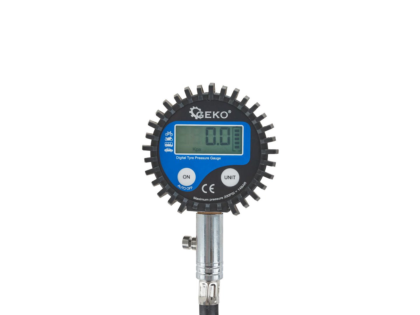 Manometer s hadicou na kontrolu tlaku pneumatík s digitálnym displejom GEKO