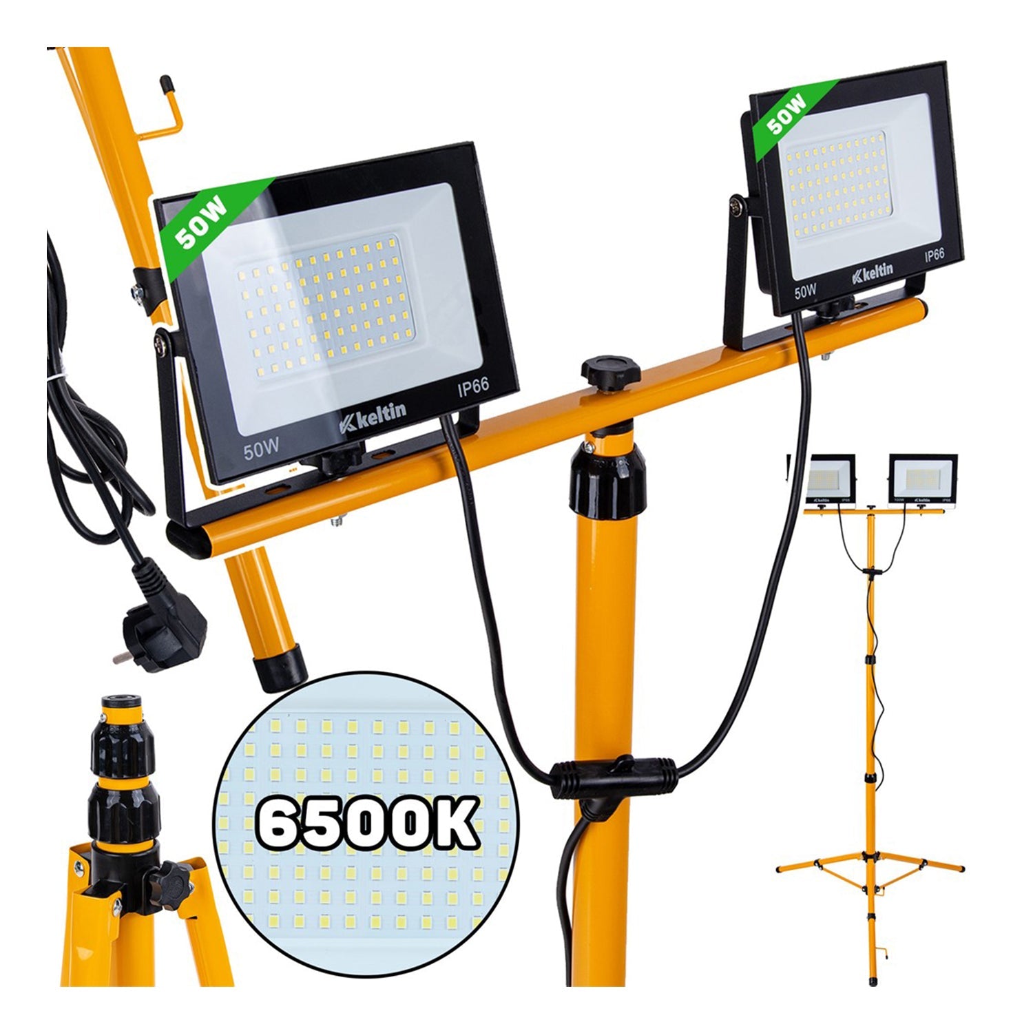 LED pracovná lampa 2 × 50W, 6500K, s nastaviteľným statívom