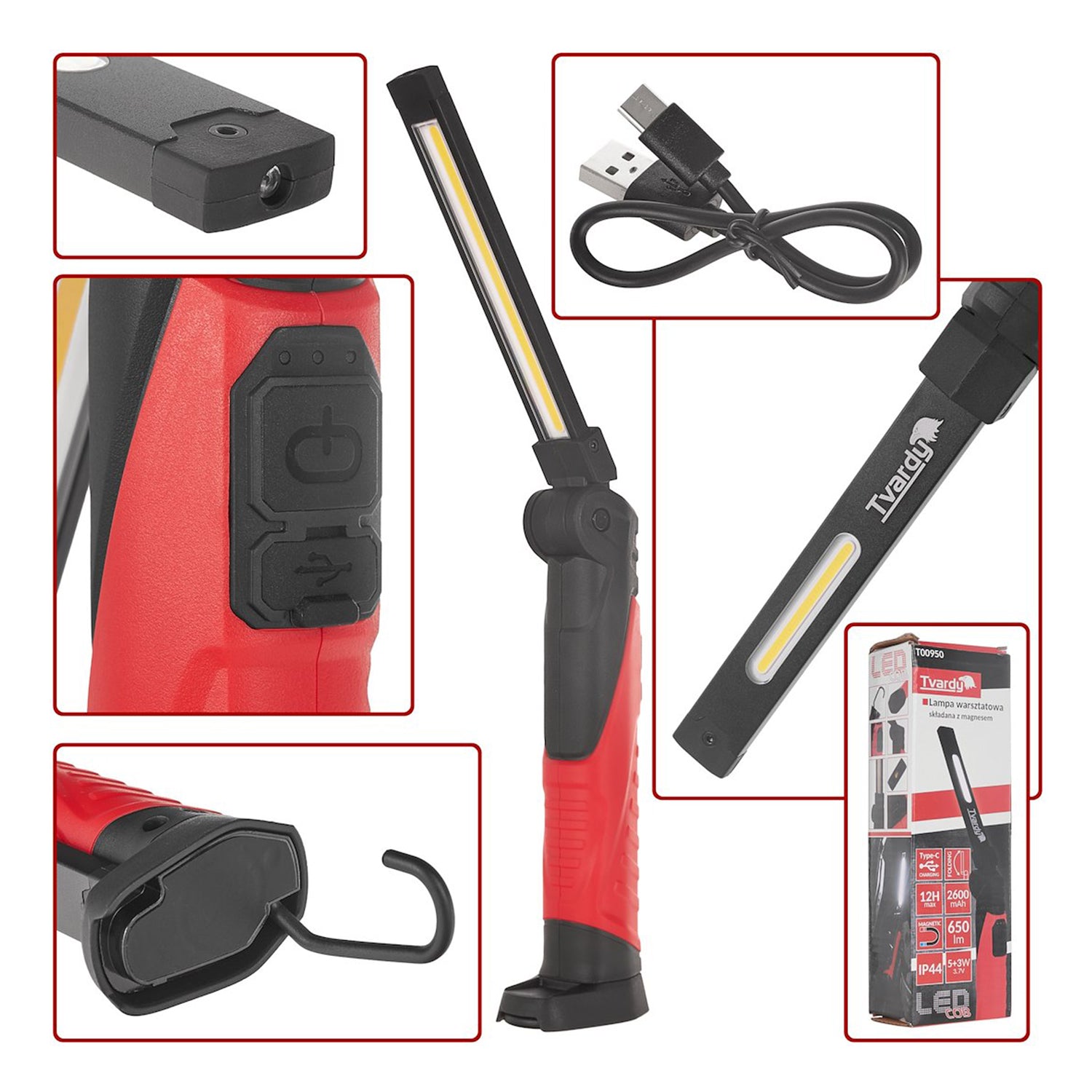 Dielenská pracovná LED COB lampa, skladacia, nabíjateľná, s magnetom a hákom, 5W, 650lm, 2600mAh