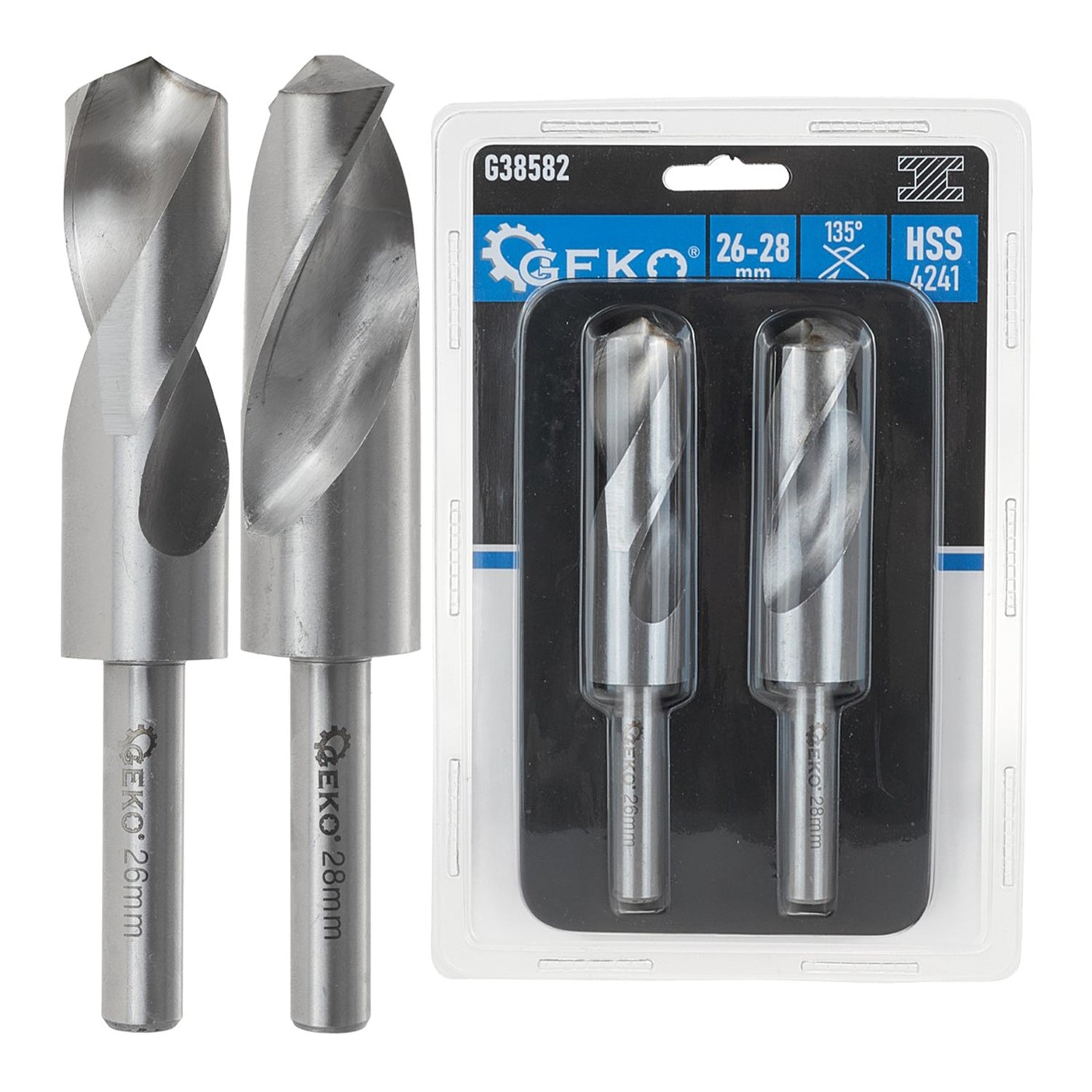 Sada 2 špirálových vrtákov do kovu HSS so stopkou, 26 - 28mm