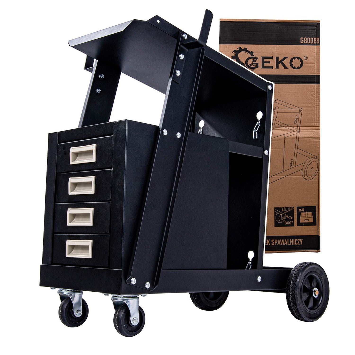 Vozík na zvárací prístroj s rukoväťou a 4 zásuvkami