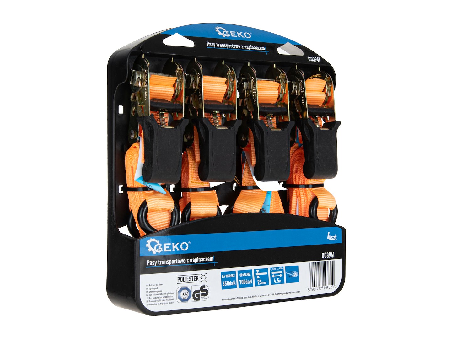 Upínací popruh s račňou 25 mm x 4,5 m 700 kg 4 kusy
