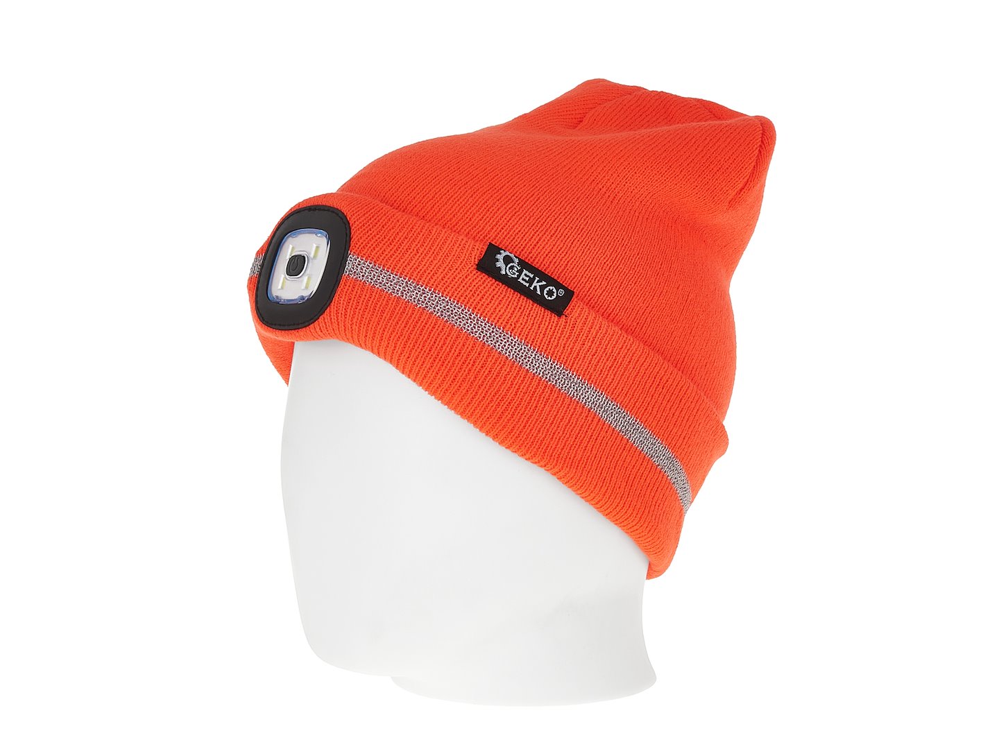 Zimná čiapka s nabíjateľnou LED čelovkou a reflexným pásom, oranžová