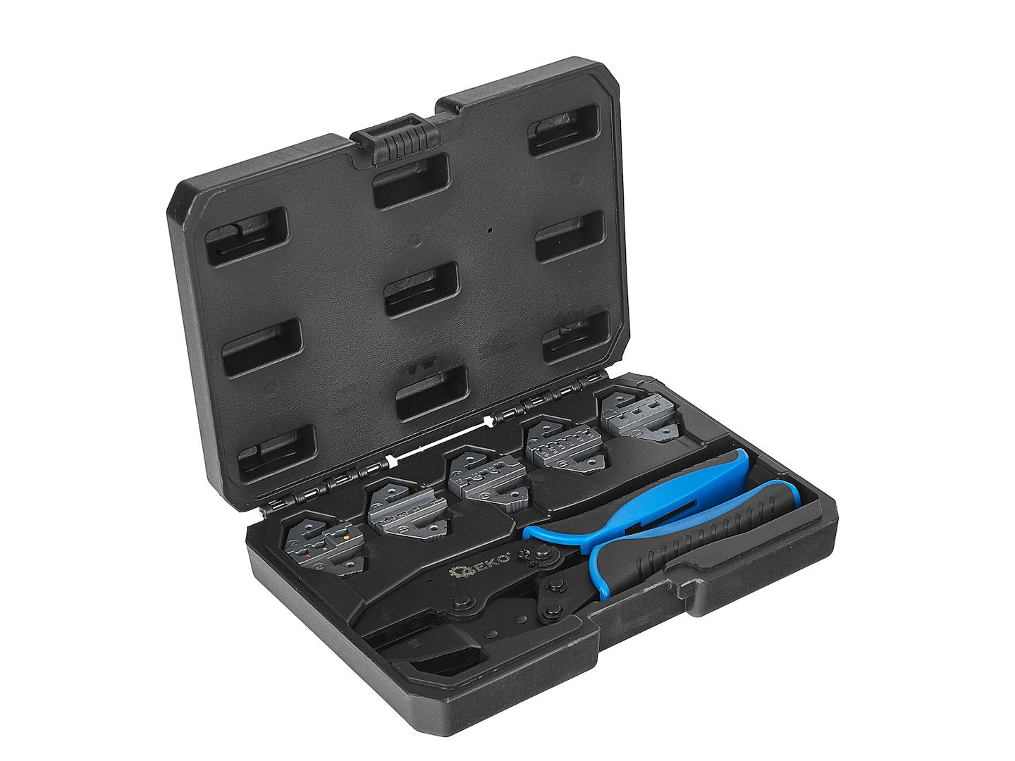 Kliešte na krimpovanie koncoviek a spojok s 5 vymeniteľnými hlavami GEKO