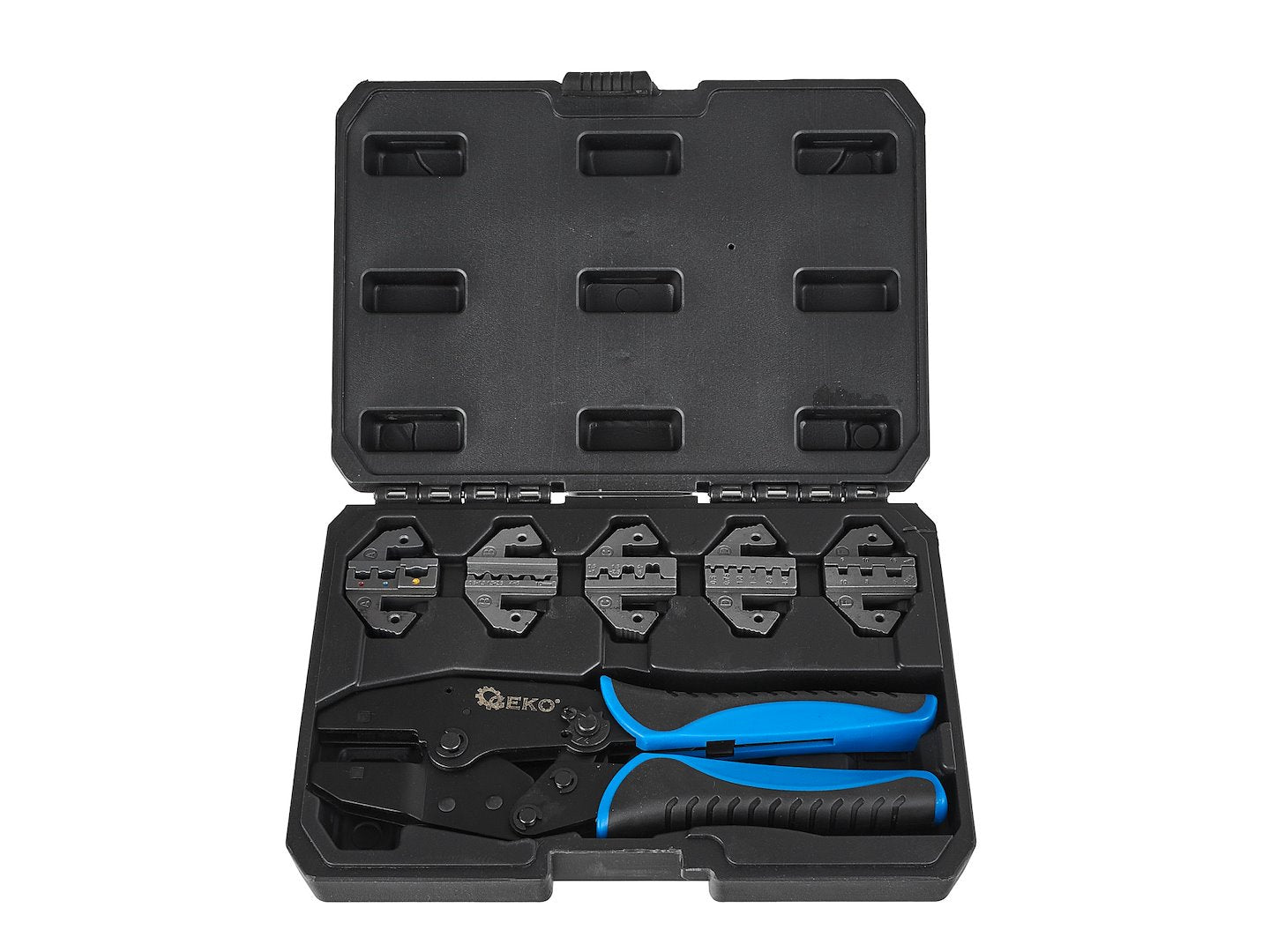 Kliešte na krimpovanie koncoviek a spojok s 5 vymeniteľnými hlavami GEKO