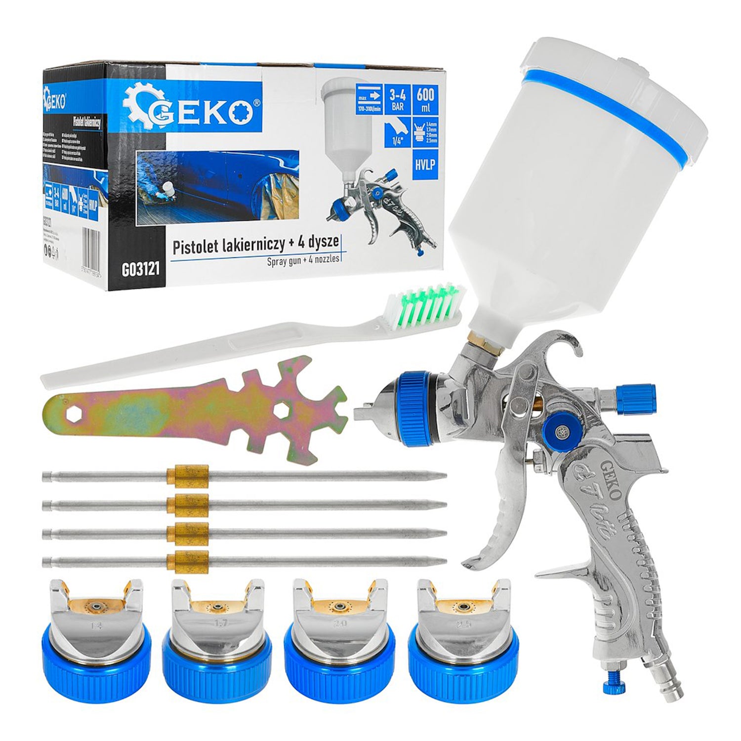 Striekacia pištoľ 600ml, HVLP, so 4 tryskami 1,4, 1,7, 2,0, 2,5mm