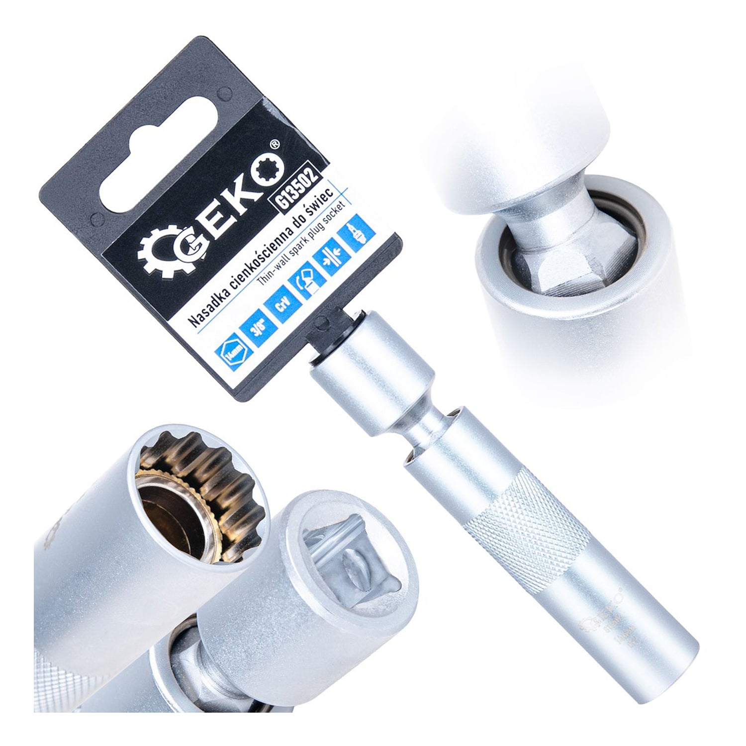 Nástrčná hlavica - kľúč na sviečky 14mm, 3/8'', s kardanovým kĺbom, tenkostenná, CrV, Geko