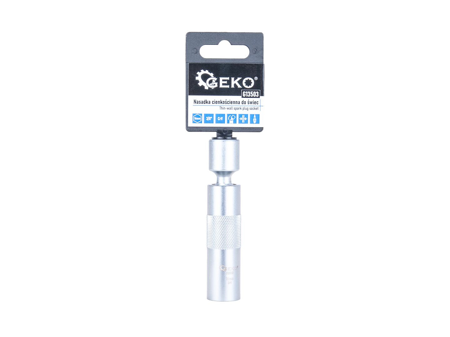 Nástrčná hlavica - kľúč na sviečky 16mm, 3/8'', s kardanovým kĺbom, tenkostenná, CrV, Geko