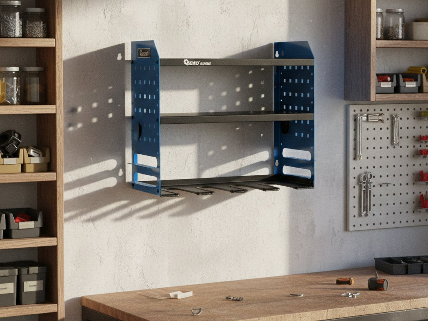 Závesná skrinka - nástenný organizér na akumulátorové náradie, s držiakom na skrutkovače, Geko