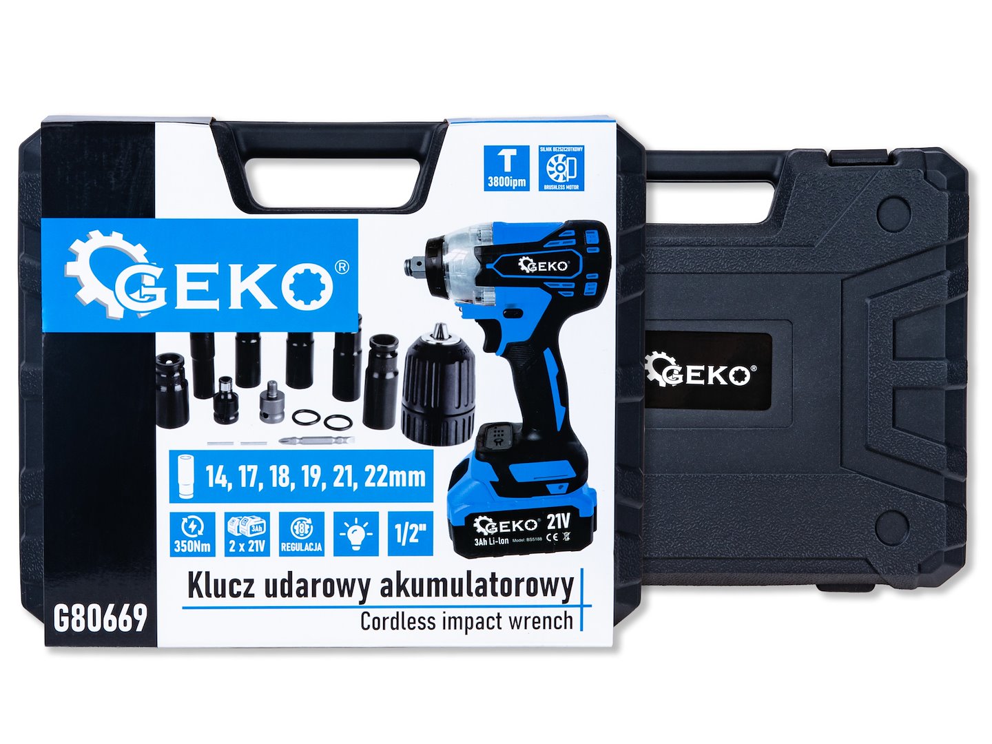 Akumulátorový rázový uťahovák 1/2'', 21V, 3Ah, 350Nm, Geko