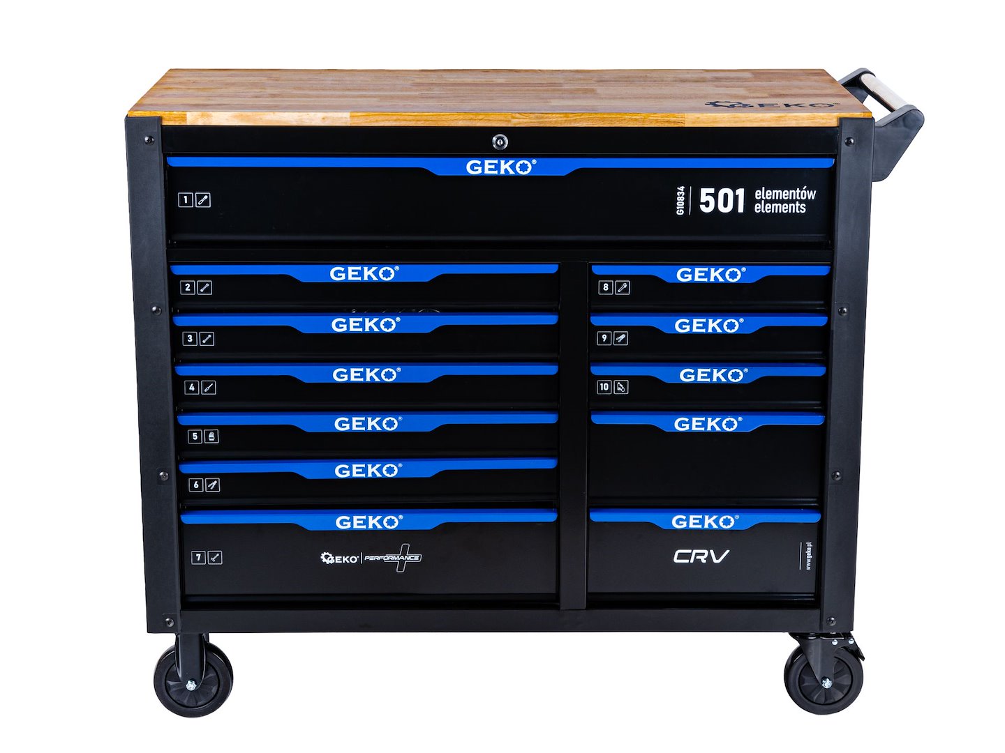 Dielenský vozík s náradím, 12 zásuviek, 501ks, 10 vložiek carbon, Geko