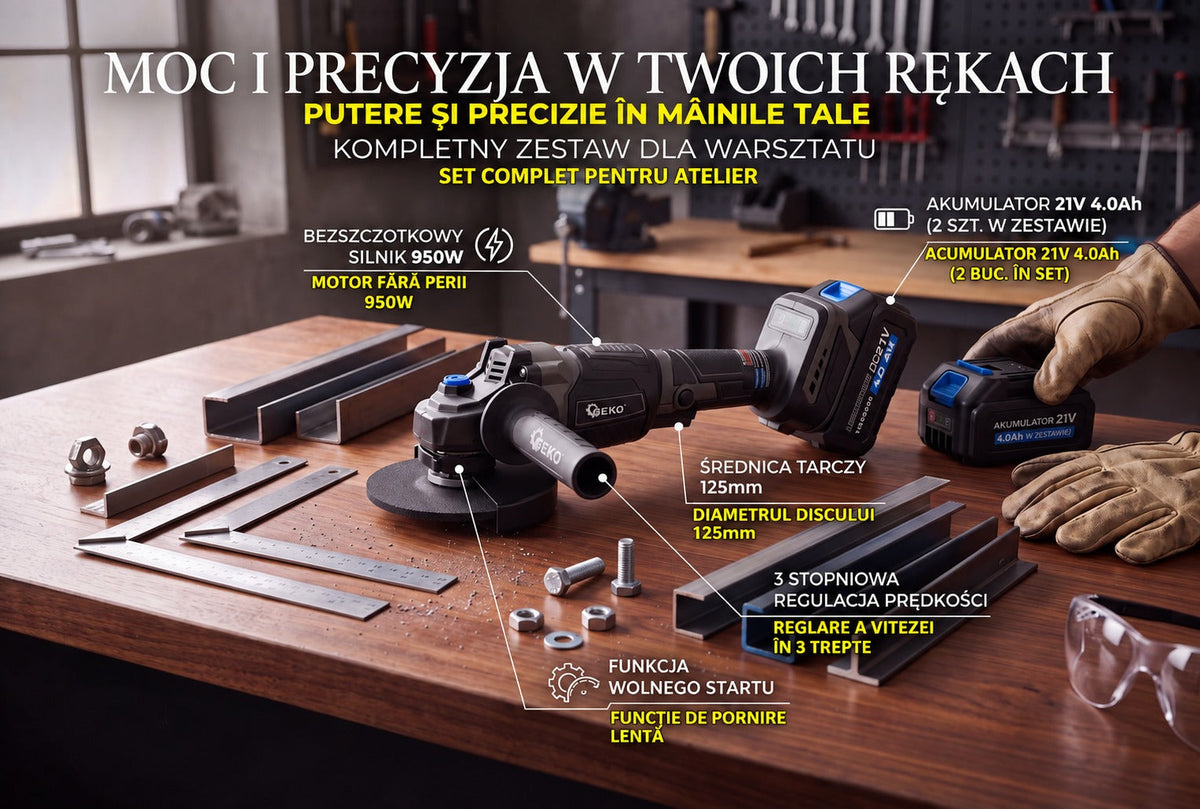 Akumulátorová uhlová brúska - flexa 125mm 950W 21V 4Ah Geko
