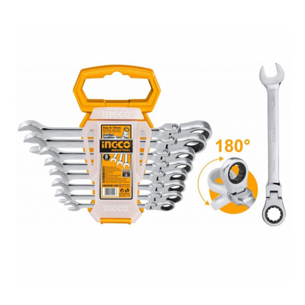 Sada kombinovaných očko-plochých kľúčov s račňou a kĺbom 8ks Ingco