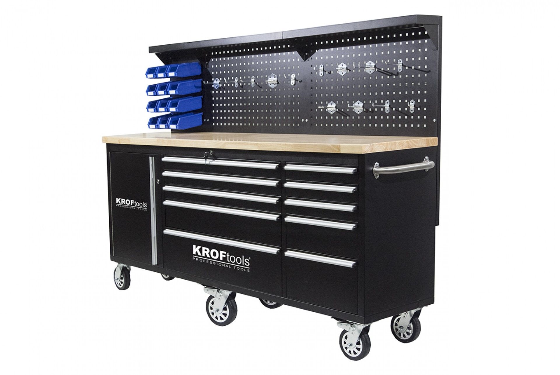 Dielenský pracovný stôl s panelom, 10 zásuviek, drevená pracovná doska 213cm, Kroftools Profesional Portugalsko