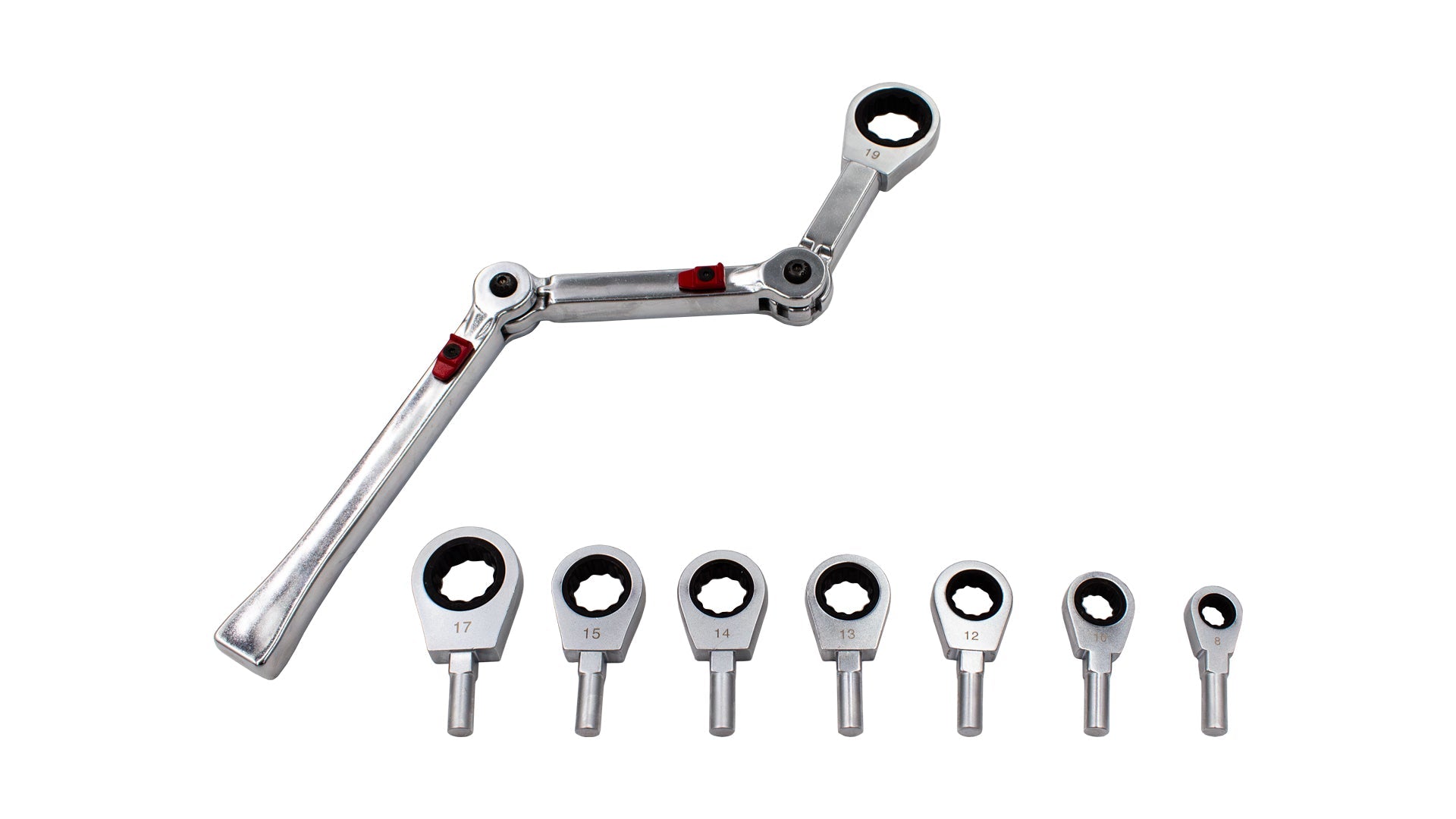 Sada očkových kľúčov s račňou, kĺbom a vymeniteľnou hlavou 9 kusov exo-fit