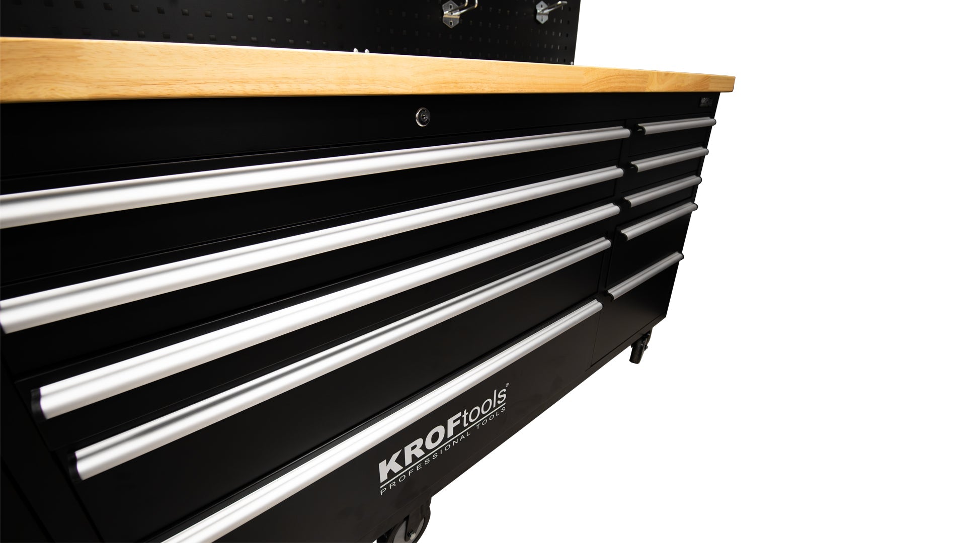 Profesionálny kovový pracovný stôl 10 zásuviek, masívna drevená doska, led osvetlený panel, zásuvky 230v, usb port, dĺžka 213 cm