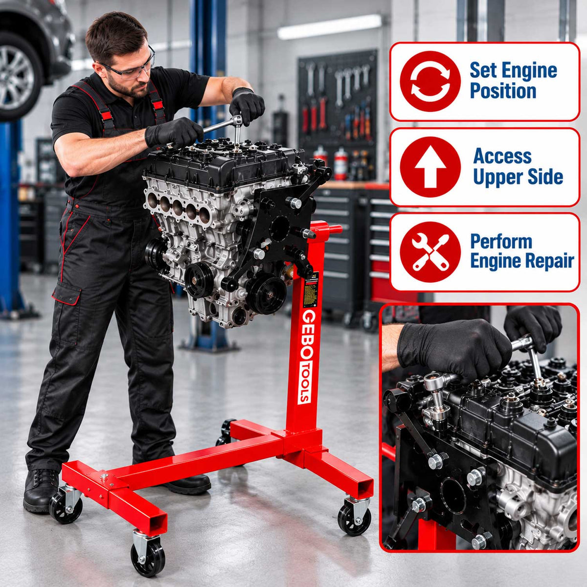 Držiak - stojan na motor, otočný, 450kg, Gebo Tools