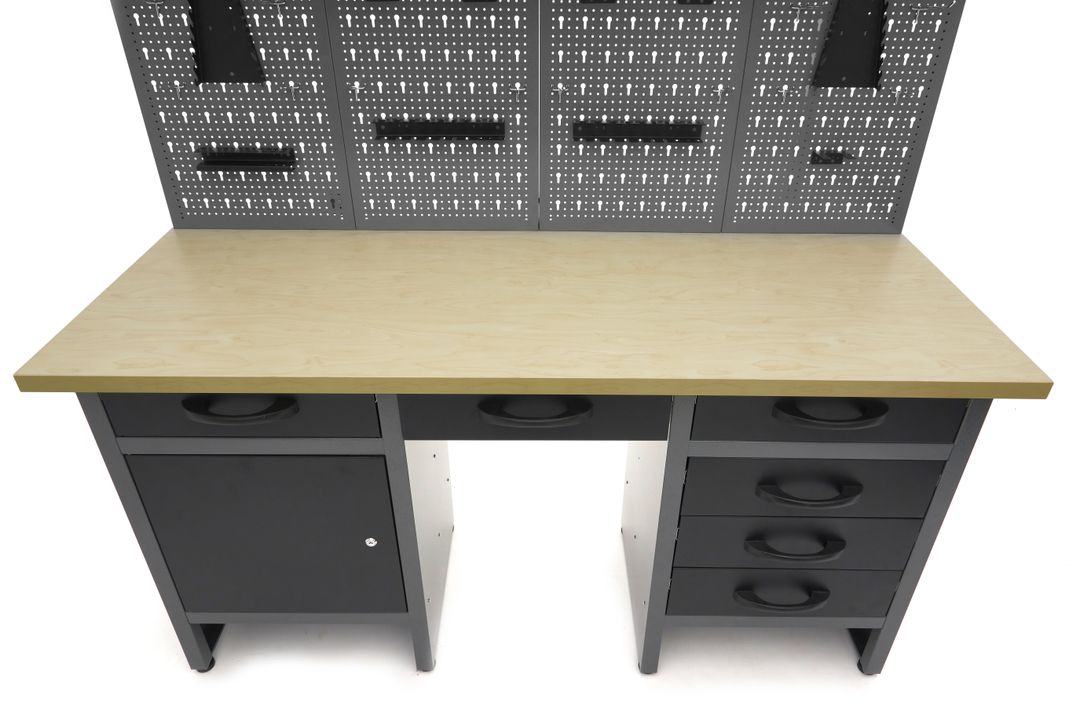 Dielenský pracovný stôl so 6 zásuvkami, panelom na náradie a skrinkami, 160cm, HBM