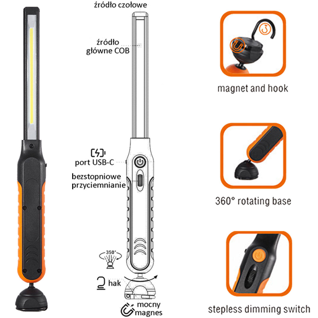 LED dielenská pracovná lampa 1000lm, nabíjateľná, stmievacia, s akumulátorom 2000mAh, Verke