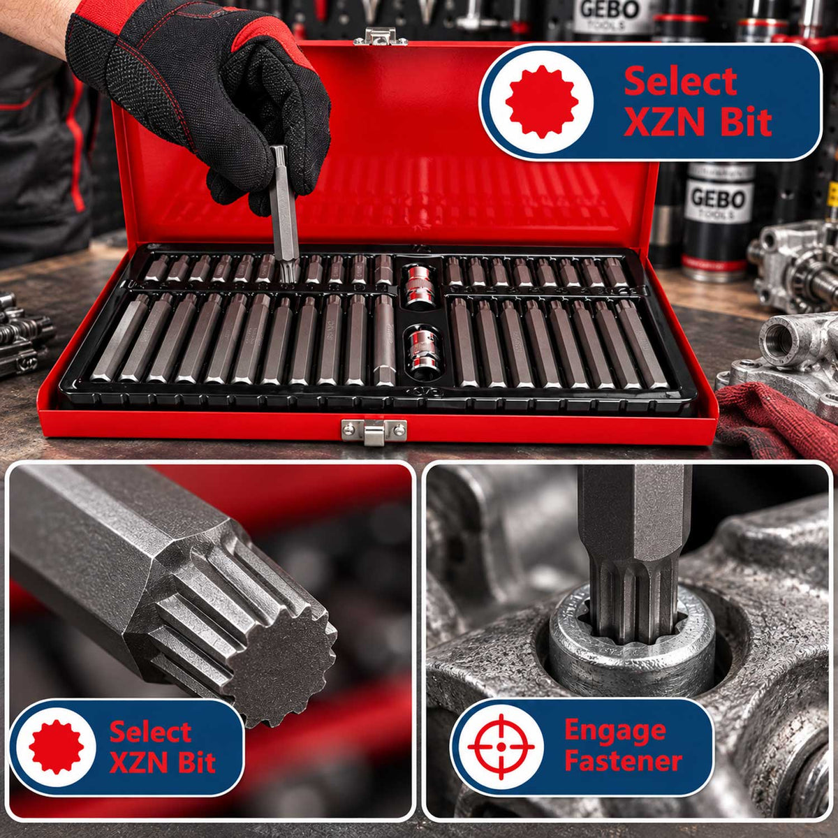 Sada bitov Imbus, Torx, XZN, Hex, Spline, 40ks, v kovovom kufríku, Gebo Tools
