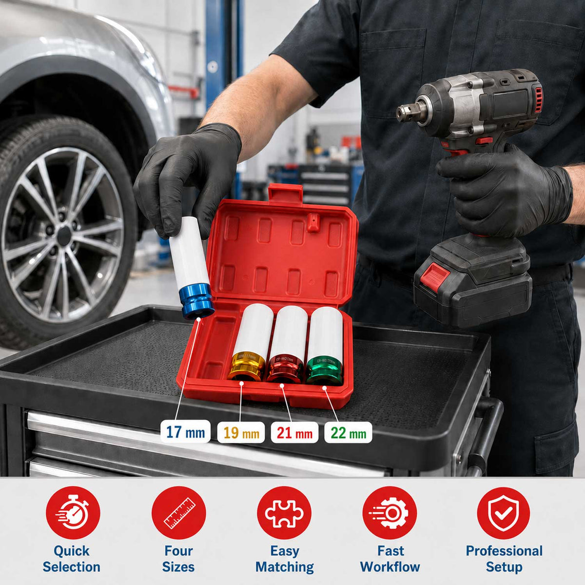 Sada nástrčných hlavíc - kľúčov pre zliatinové disky s ochrannou manžetou 1/2", 17 - 22mm, 4ks Gebo Tools