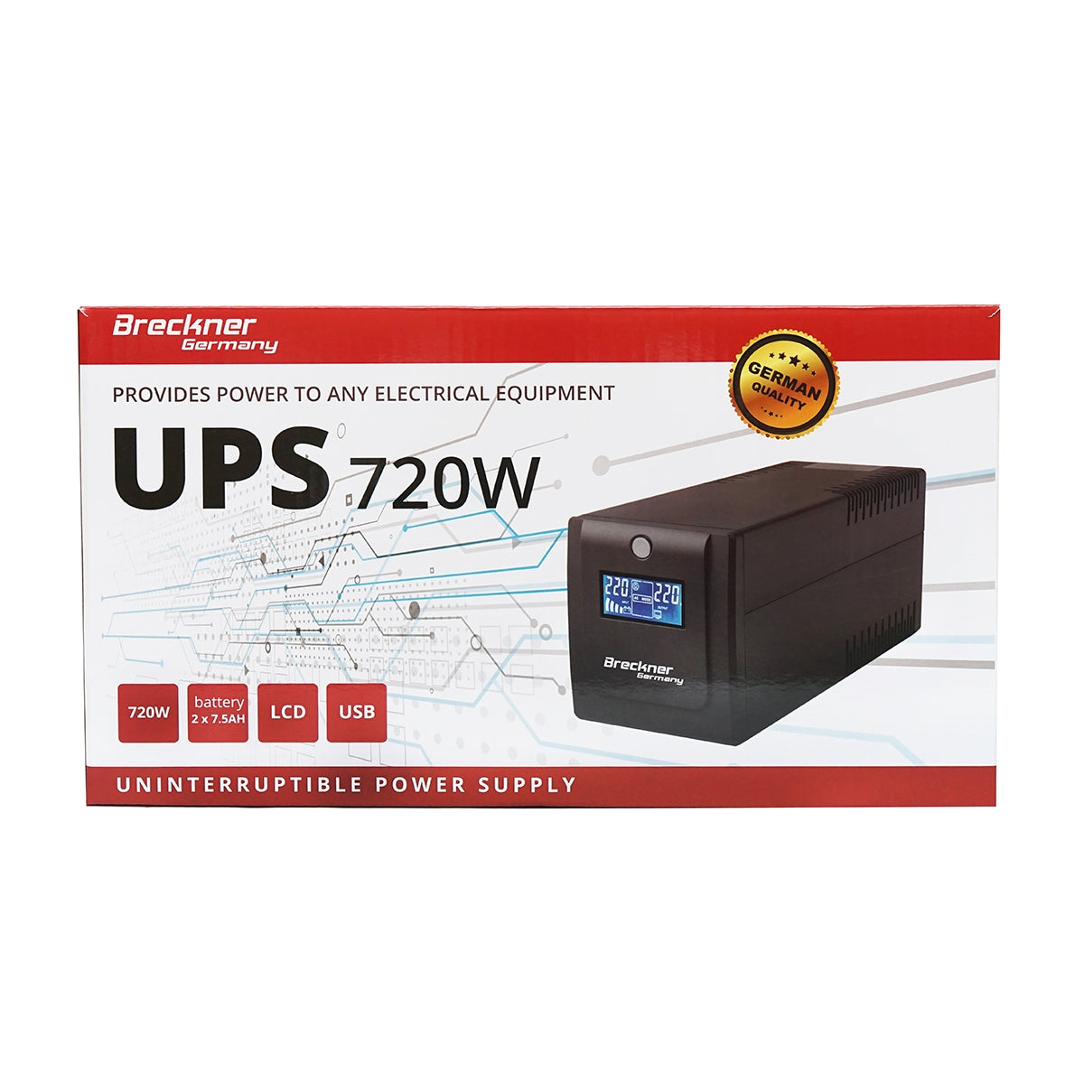 Záložný zdroj UPS 1000VA/600W, batérie 2x7,5Ah, 4 zásuvky Schuko, LCD, USB Breckner Germany