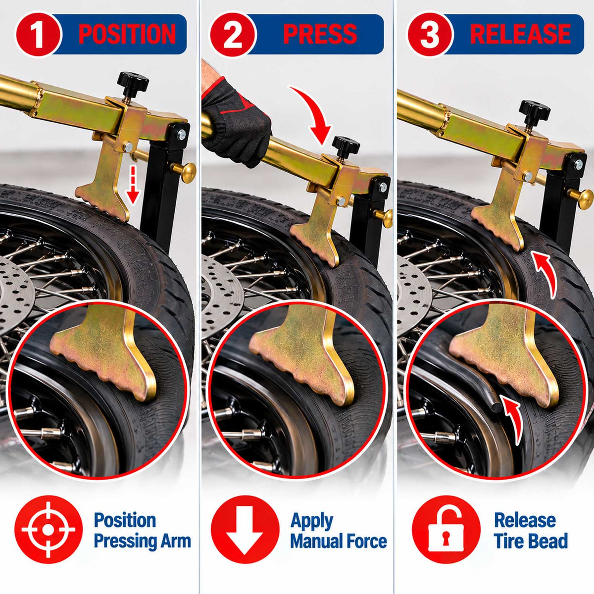 Ručná vyzúvačka pneumatík pre motocykle 16 - 21'', Gebo Tools