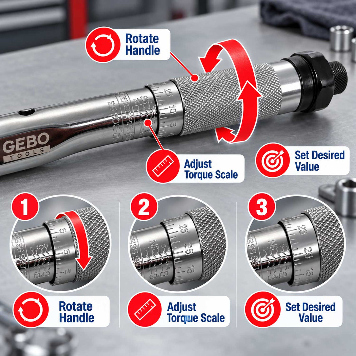 Momentový kľúč 1/4'', 5 - 25Nm, Gebo Tools