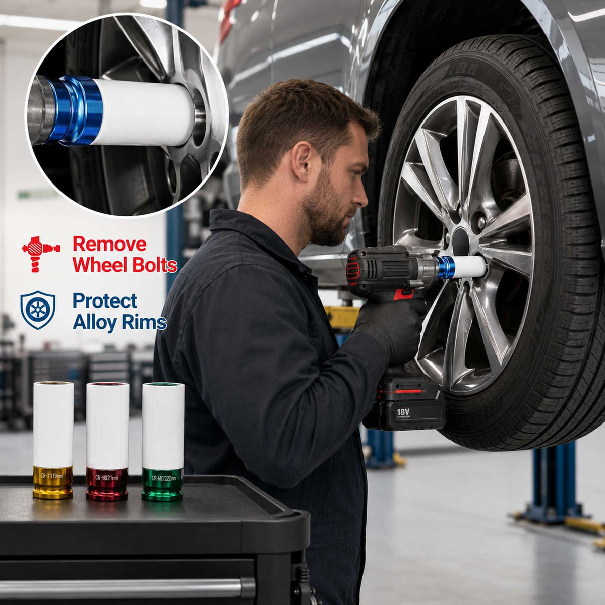Sada nástrčných hlavíc - kľúčov pre zliatinové disky s ochrannou manžetou 1/2", 17 - 22mm, 4ks Gebo Tools