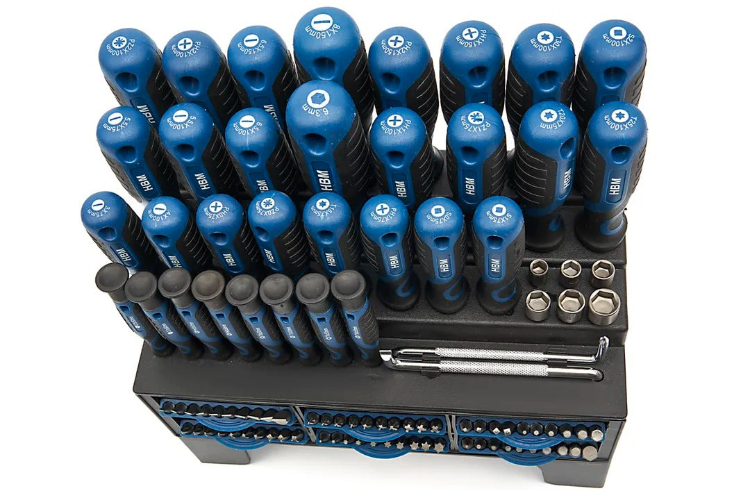 Sada náradia 100 kusov: skrutkovače, bity, nástrčné kľúče, stojanový držiak, oceľ Cr-V, soft grip rukoväť, HBM Holandsko