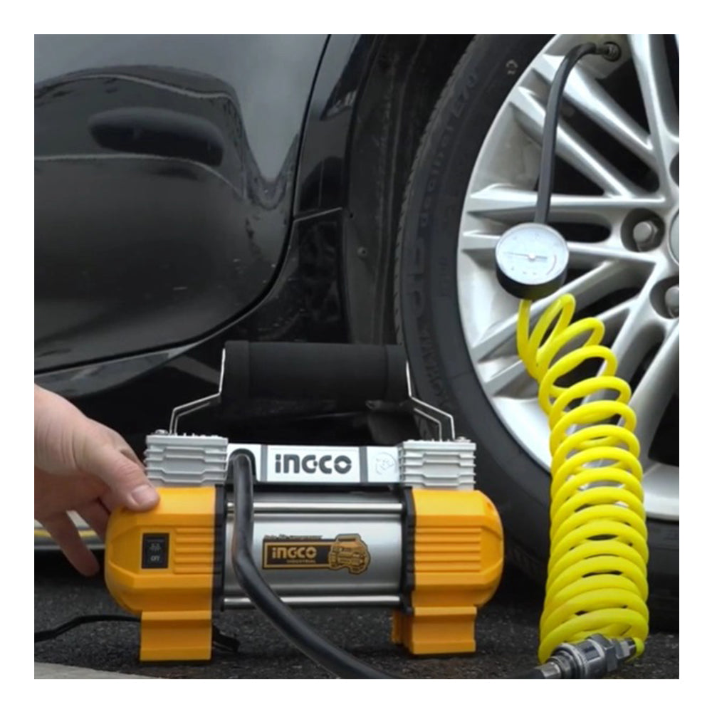 Prenosný elektrický auto kompresor, dvojvalcový, napájanie 12V Ingco