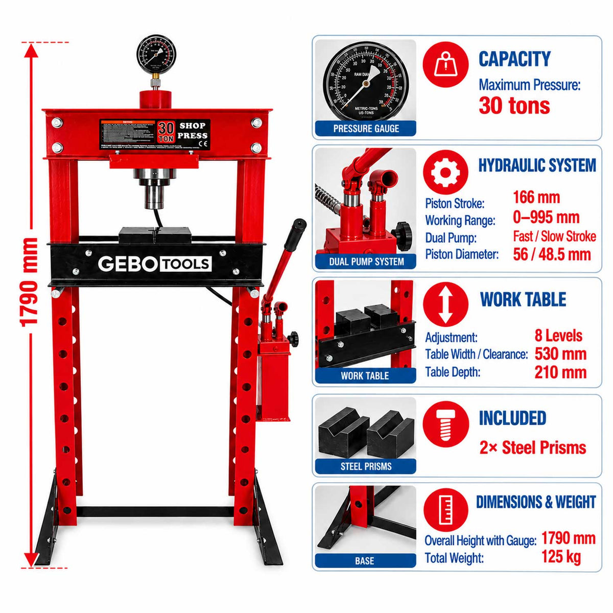 Hydraulický lis s dvojstupňvým čerpadlom 30t, Gebo Tools