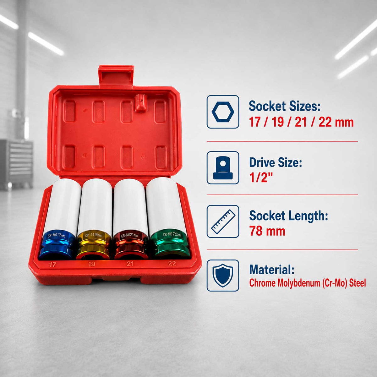 Sada nástrčných hlavíc - kľúčov pre zliatinové disky s ochrannou manžetou 1/2", 17 - 22mm, 4ks Gebo Tools