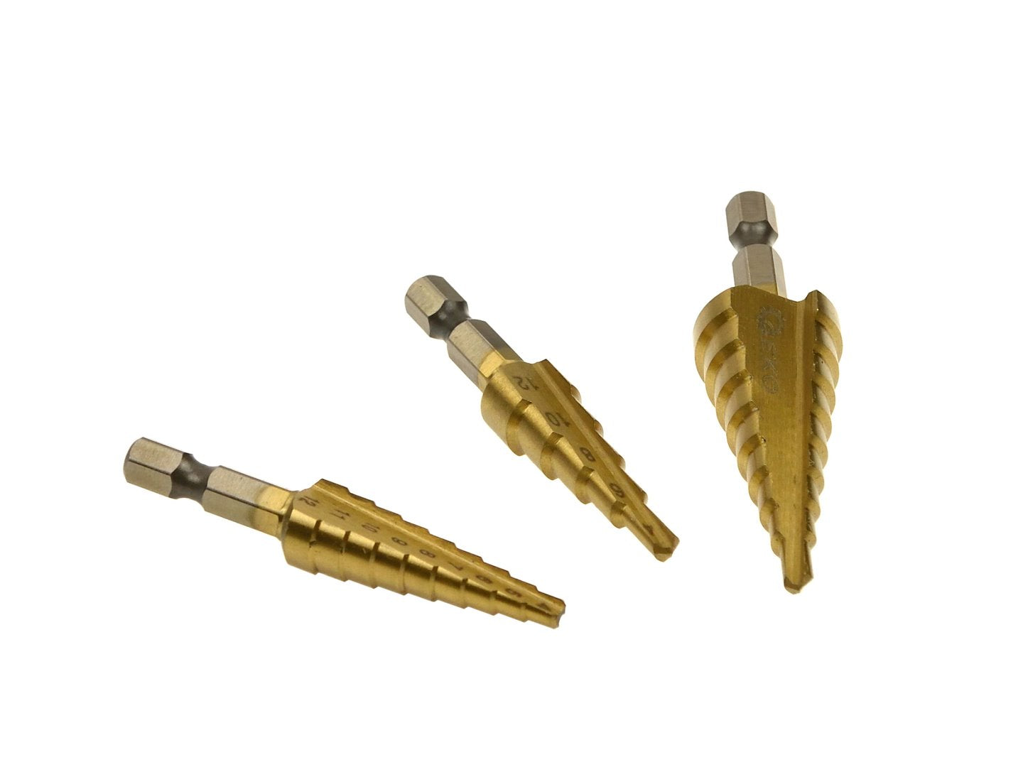 Stupňovité vrtáky HSS TiN Hex 1/4'', 3 - 12, 4 - 12, 4 - 20mm, sada 3ks, Geko