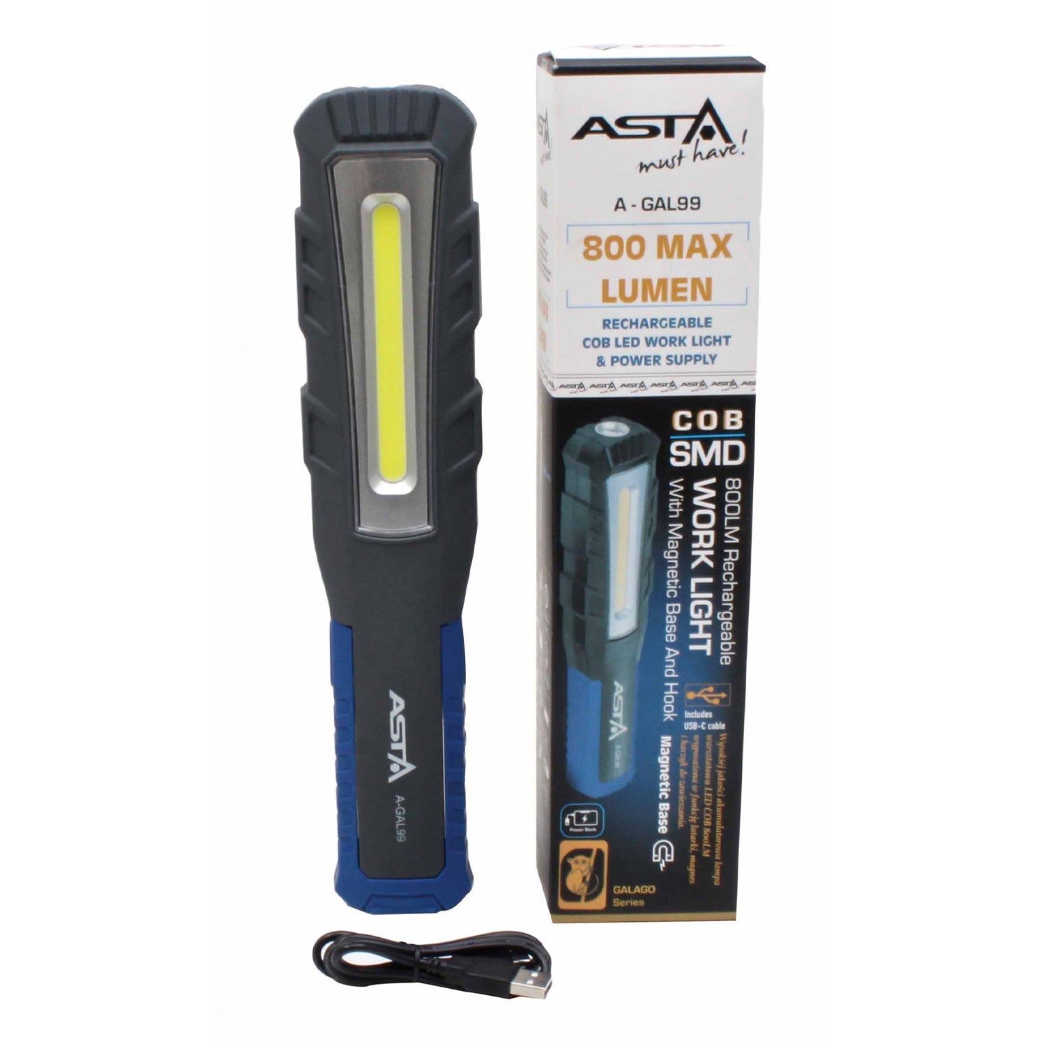 LED COB lampa s akumulátorom, 800lm Asta