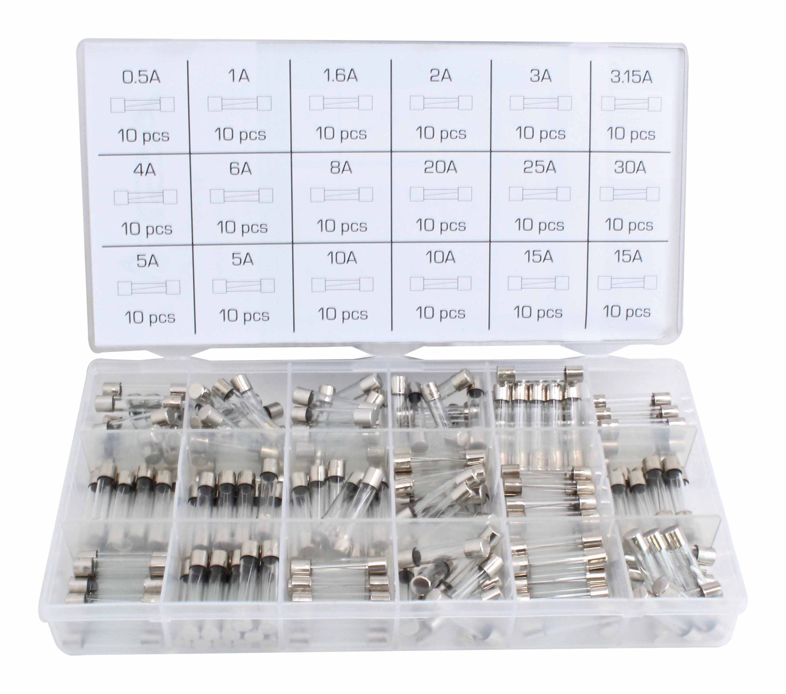 Sada sklenených poistiek 6x30 mm 0.5a-30a 180 kusov