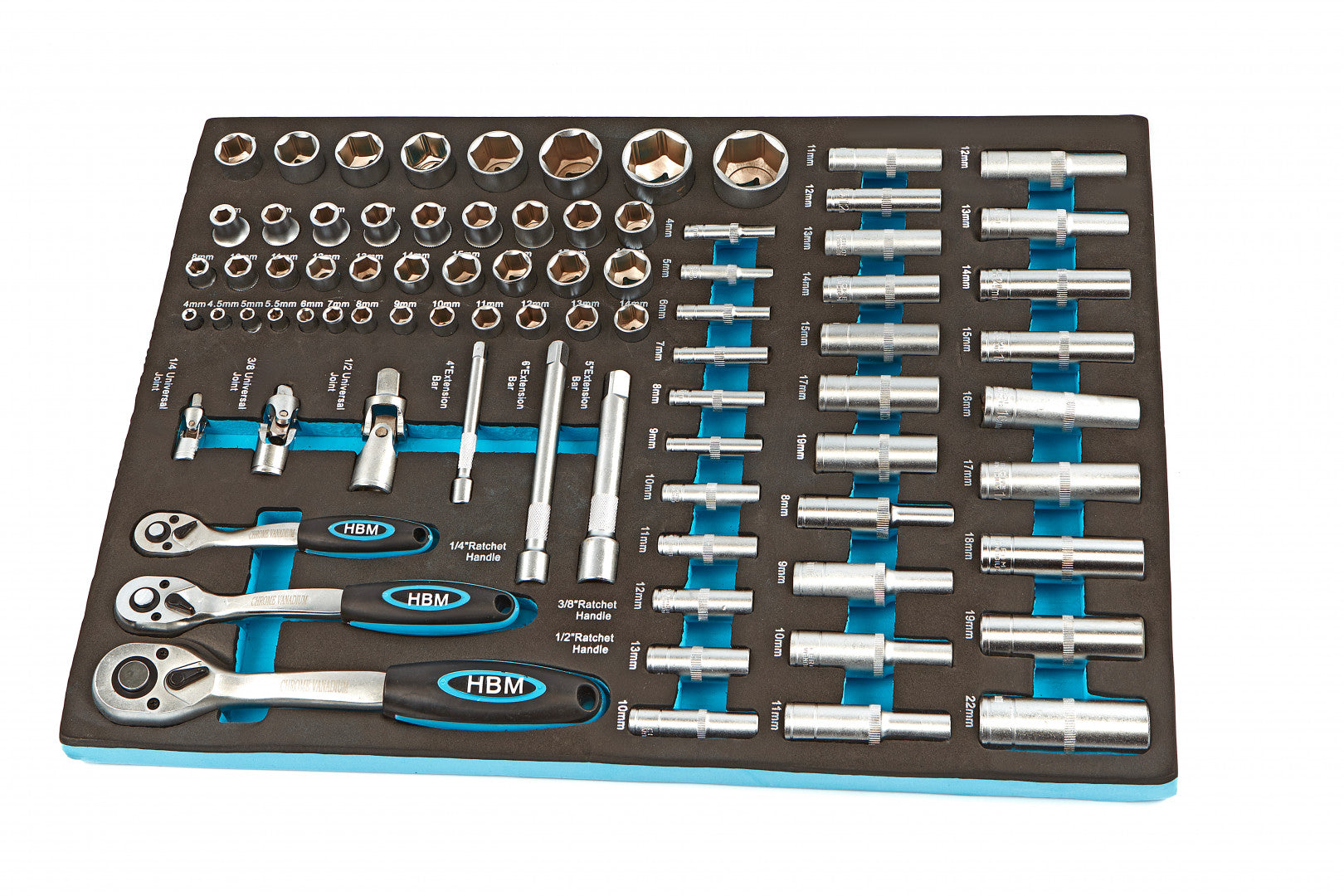 Penová vložka s gola sadou - račne a nástrčné hlavice, 81 dielov