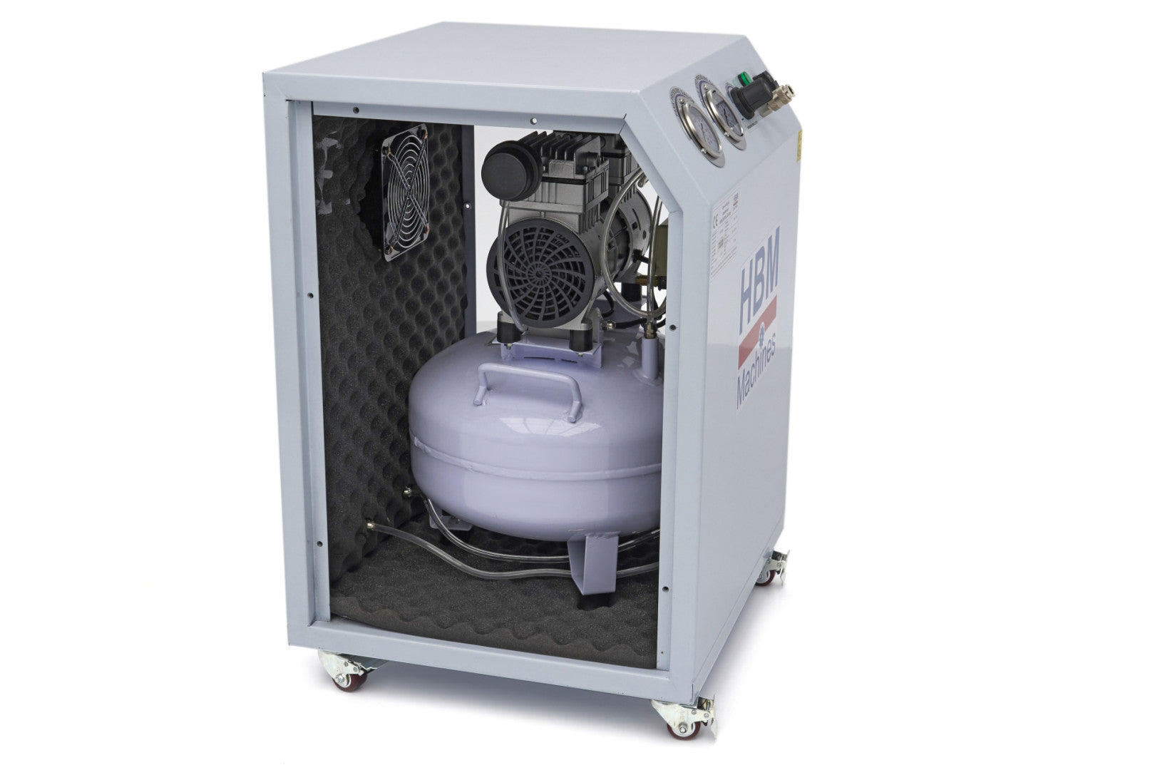 Tichý kompresor s nízkou hlučnosťou 50l v odhlučnenej skrinke 1500W HBM Machines Holandsko