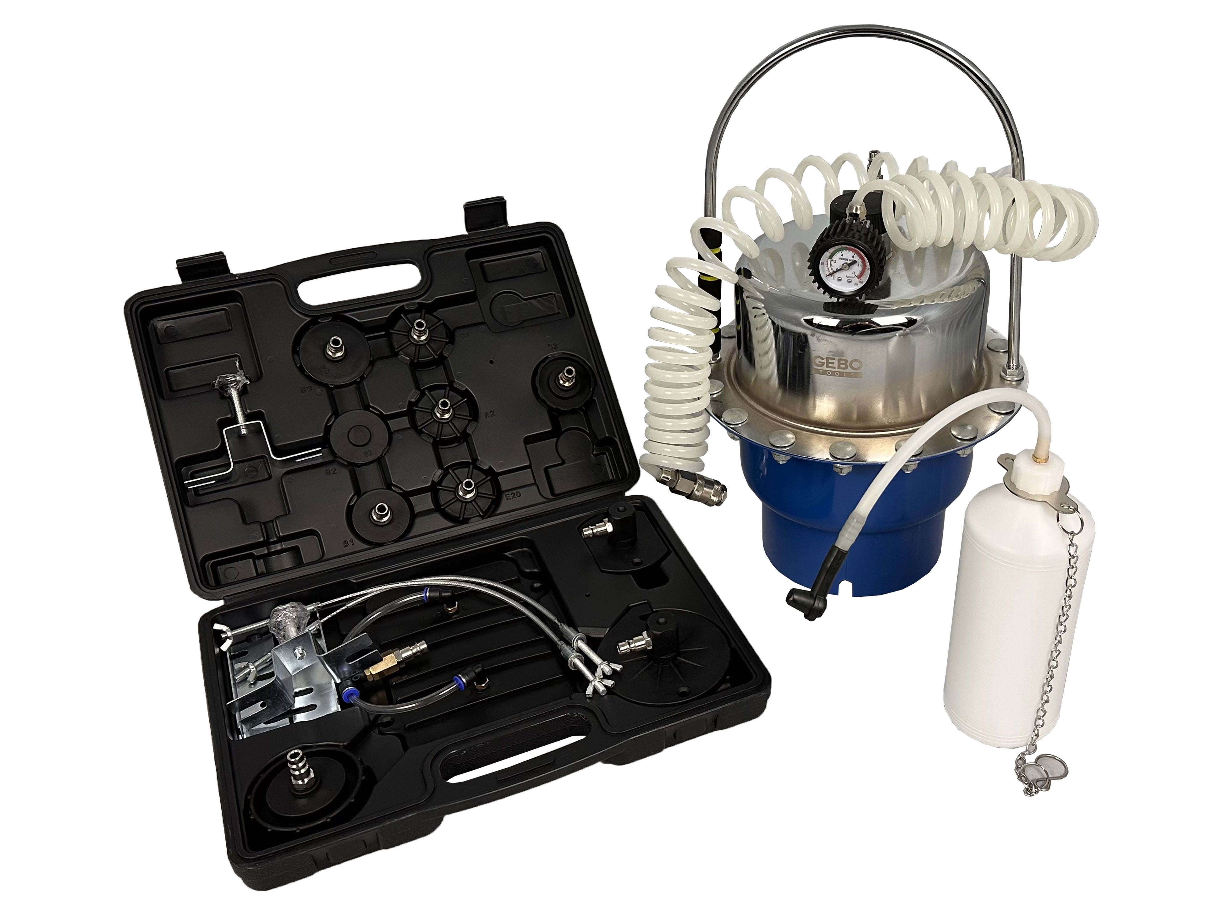 Sada na odvzdušnenie bŕzd a výmenu brzdovej kvapaliny, s adaptérmi, Gebo Tools