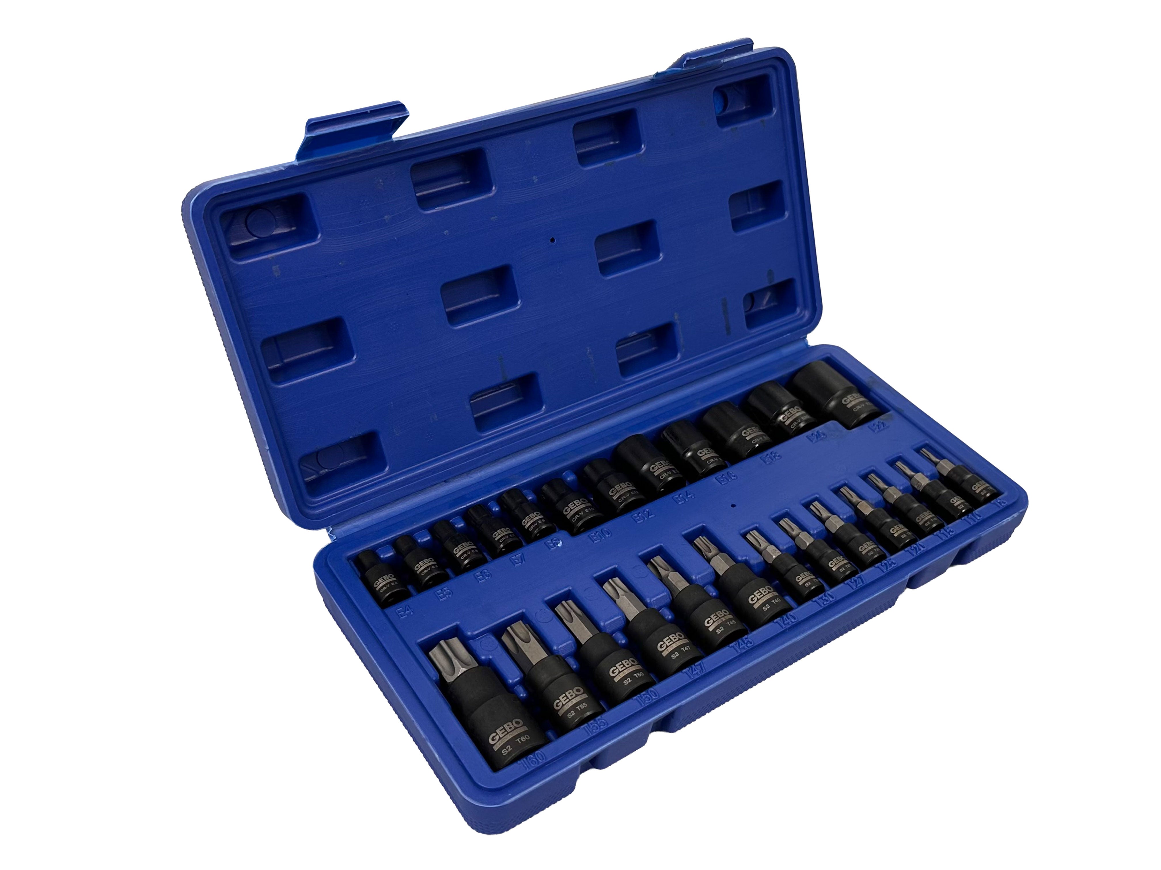 Sada TORX bitov - nástrčných kľúčov T8 - T60 a E4 - E20 1/4'' 3/8'' 1/2'' 25ks Gebo Tools