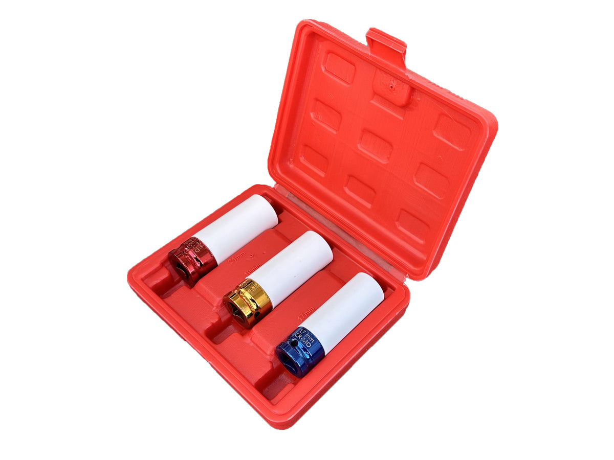 Sada nástrčných hlavíc - kľúčov pre zliatinové disky s ochrannou manžetou 17, 19, 21mm, Cr-V, 3ks Gebo Tools