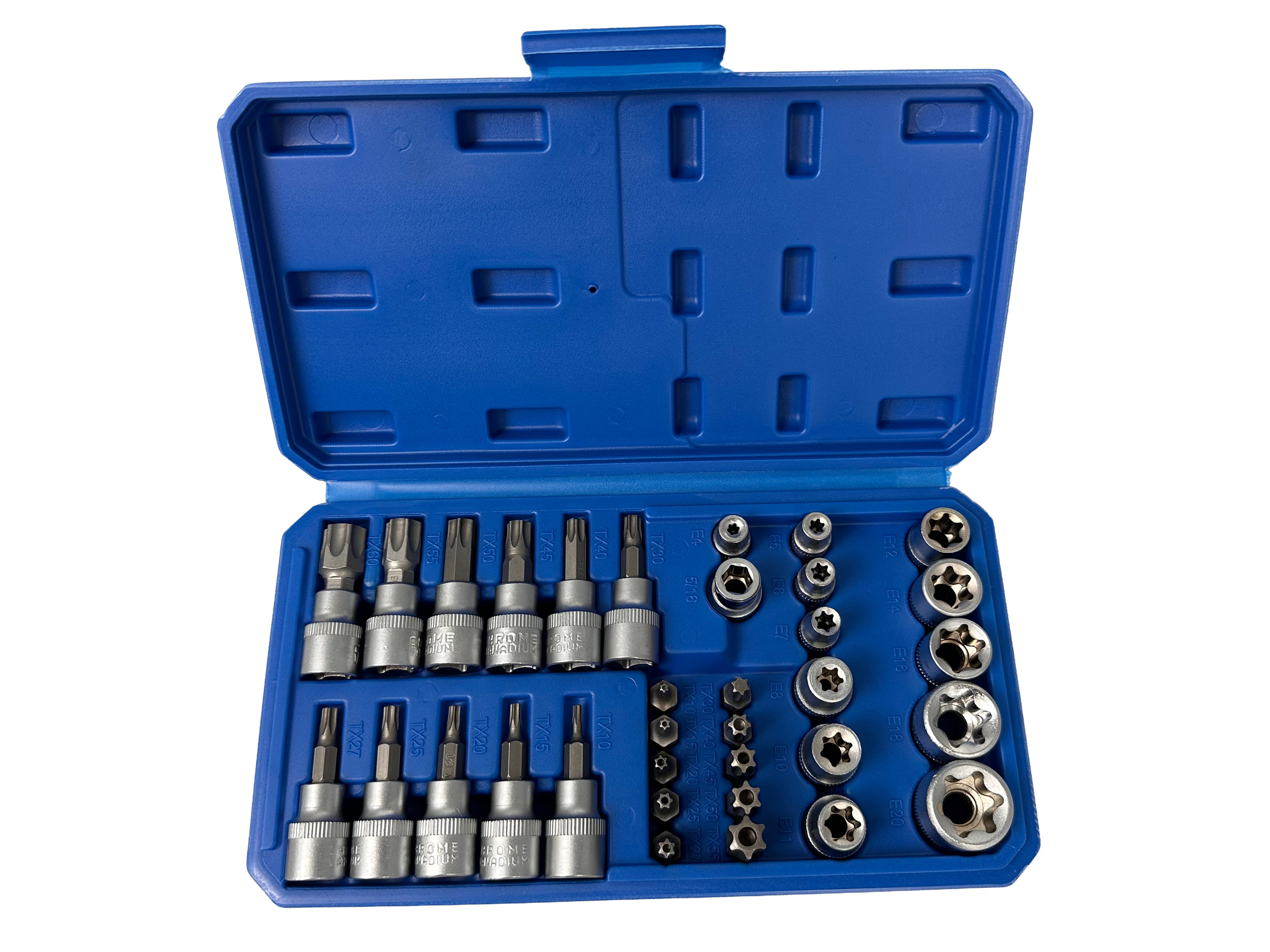Sada nástrčných kľúčov, hlavíc a bitov profil E a Torx 3/8'', 34ks, T10 - T60, E3 - E20, Gebo Tools