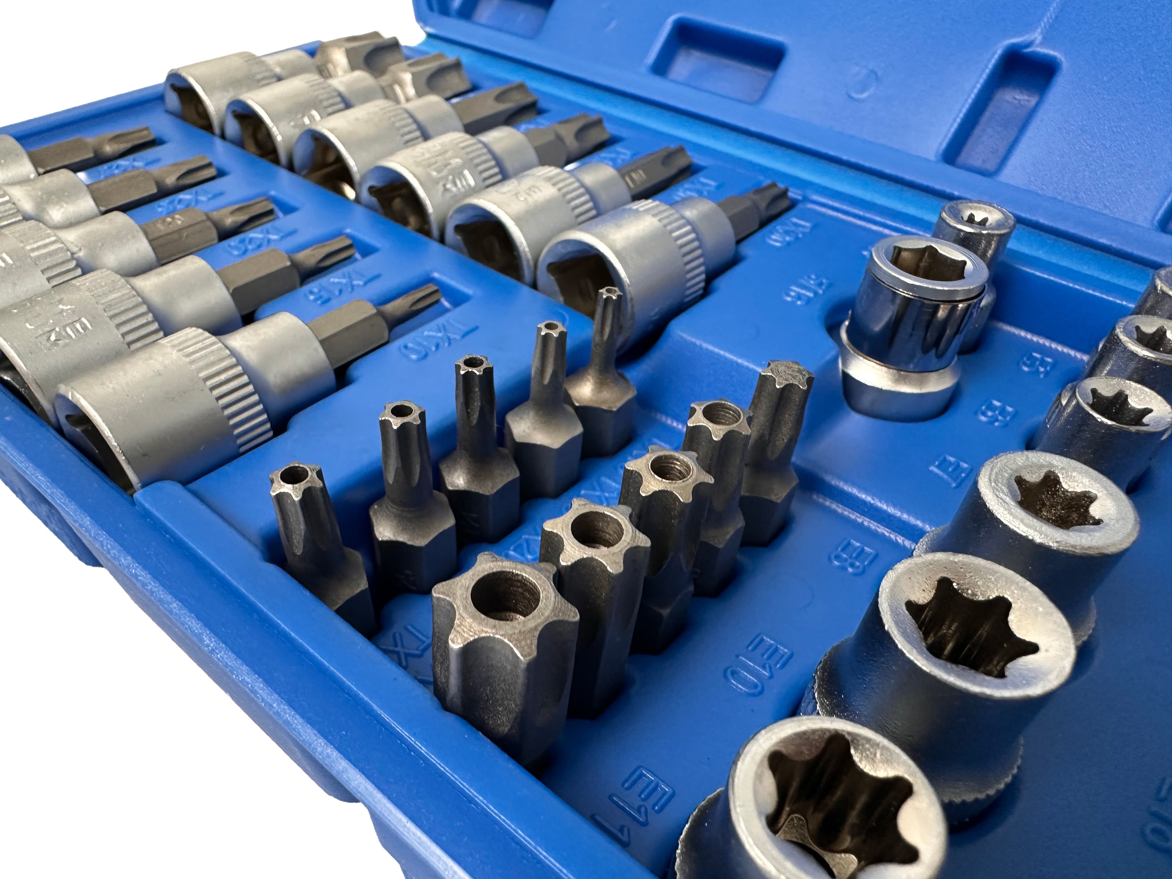 Sada nástrčných kľúčov, hlavíc a bitov profil E a Torx 3/8'', 34ks, T10 - T60, E3 - E20, Gebo Tools