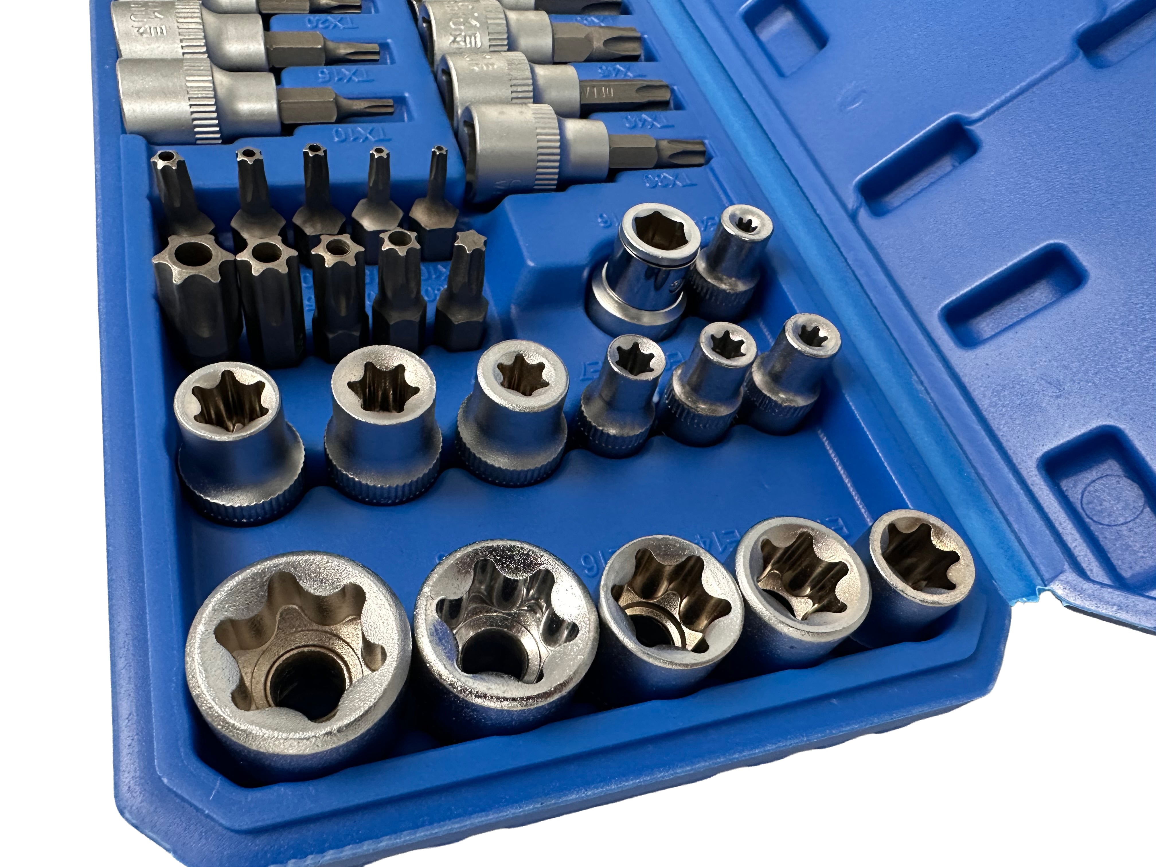 Sada nástrčných kľúčov, hlavíc a bitov profil E a Torx 3/8'', 34ks, T10 - T60, E3 - E20, Gebo Tools