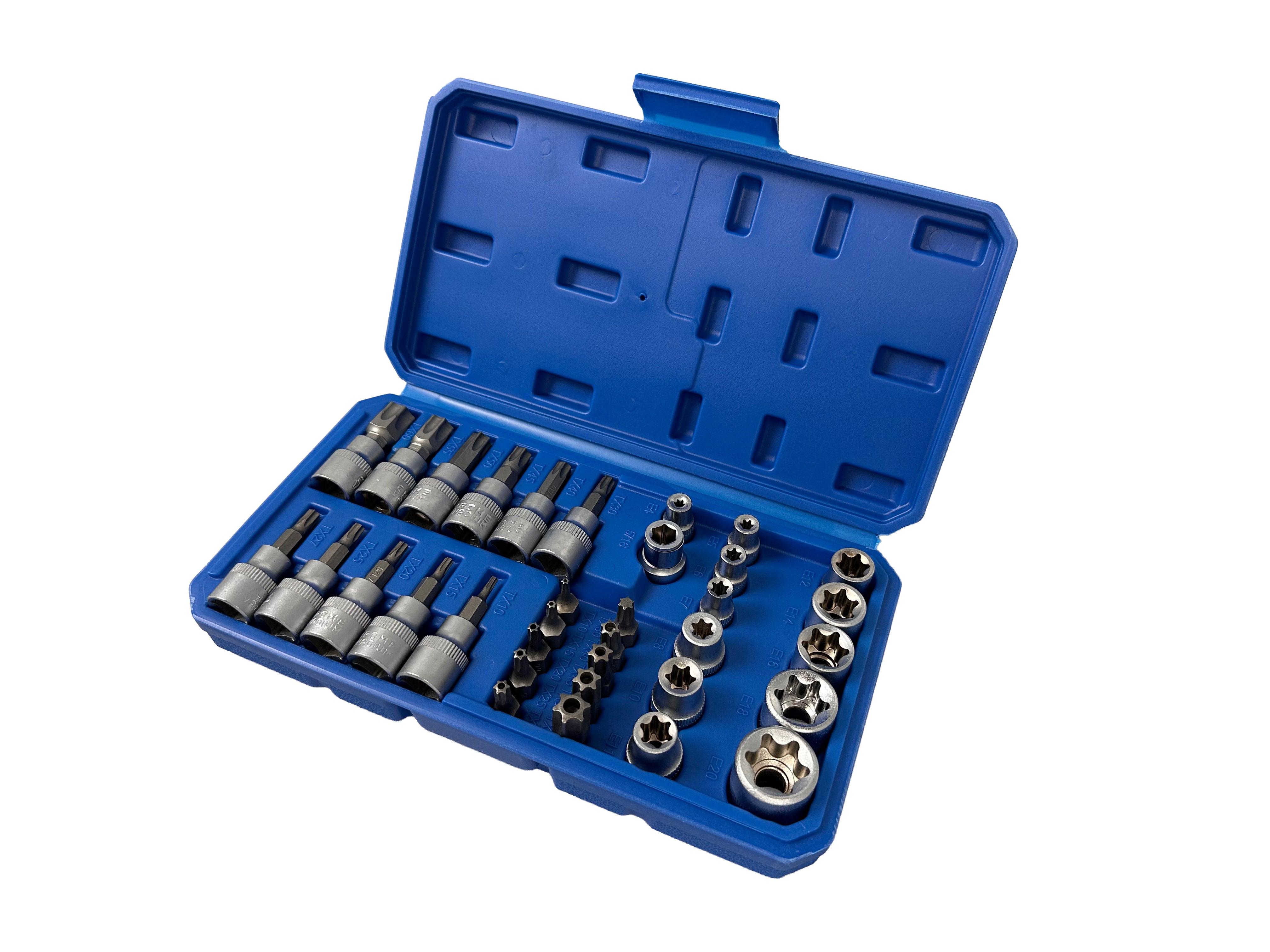 Sada nástrčných kľúčov, hlavíc a bitov profil E a Torx 3/8'', 34ks, T10 - T60, E3 - E20, Gebo Tools